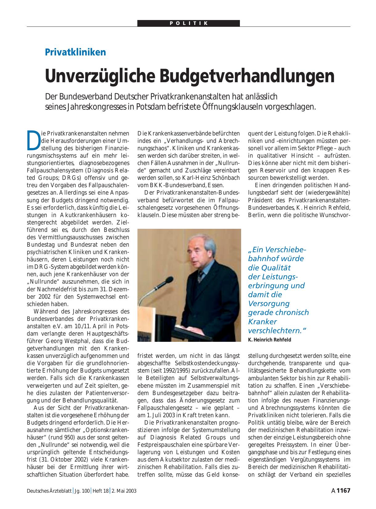 Vorschauseite 1: Privatkliniken: Unverzügliche Budgetverhandlungen
