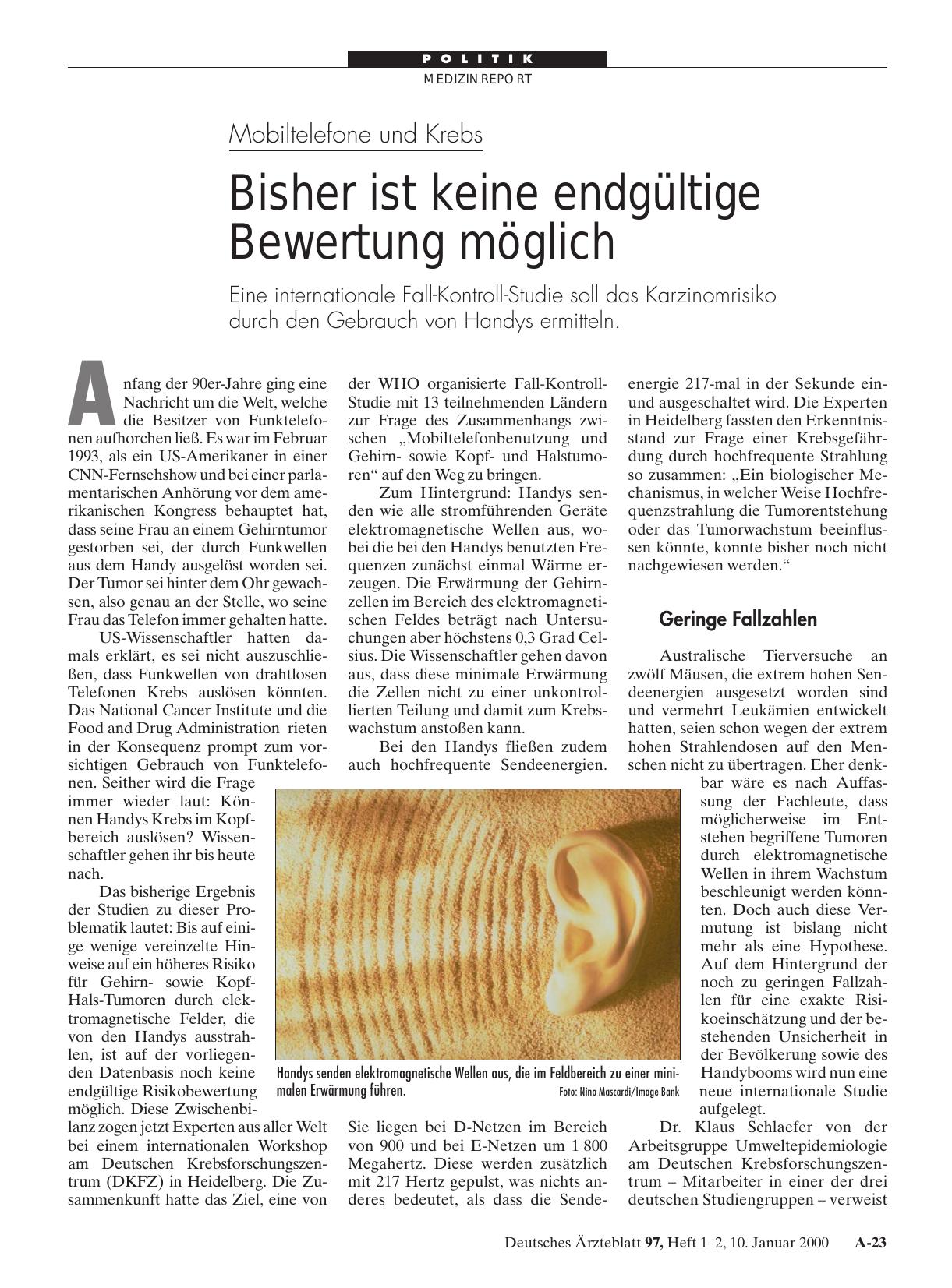 Vorschauseite 1: Mobiltelefone und Krebs: Bisher ist keine endgültige Bewertung möglich