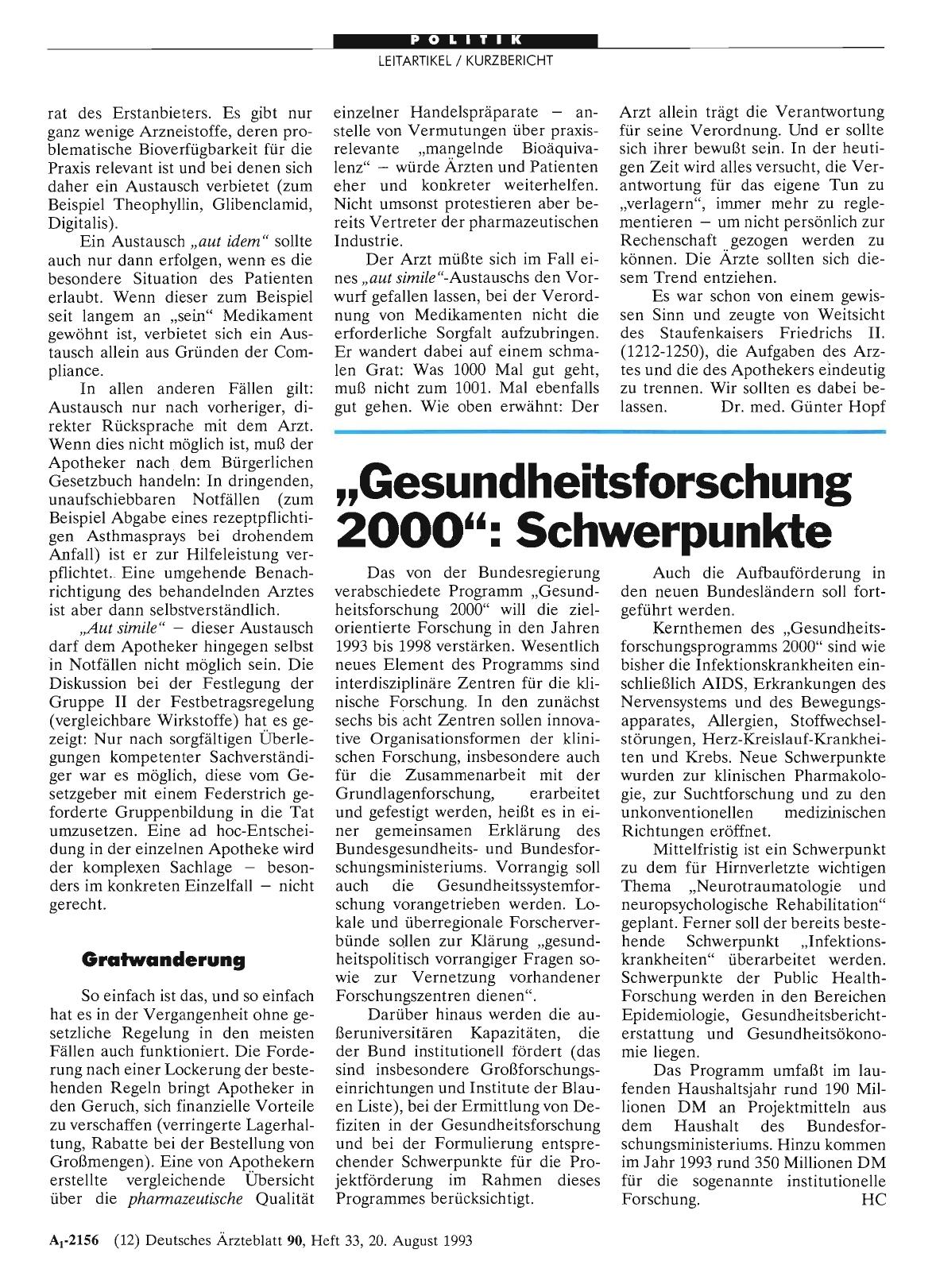 Vorschauseite 1: „Gesundheitsforschung 2000“: Schwerpunkte