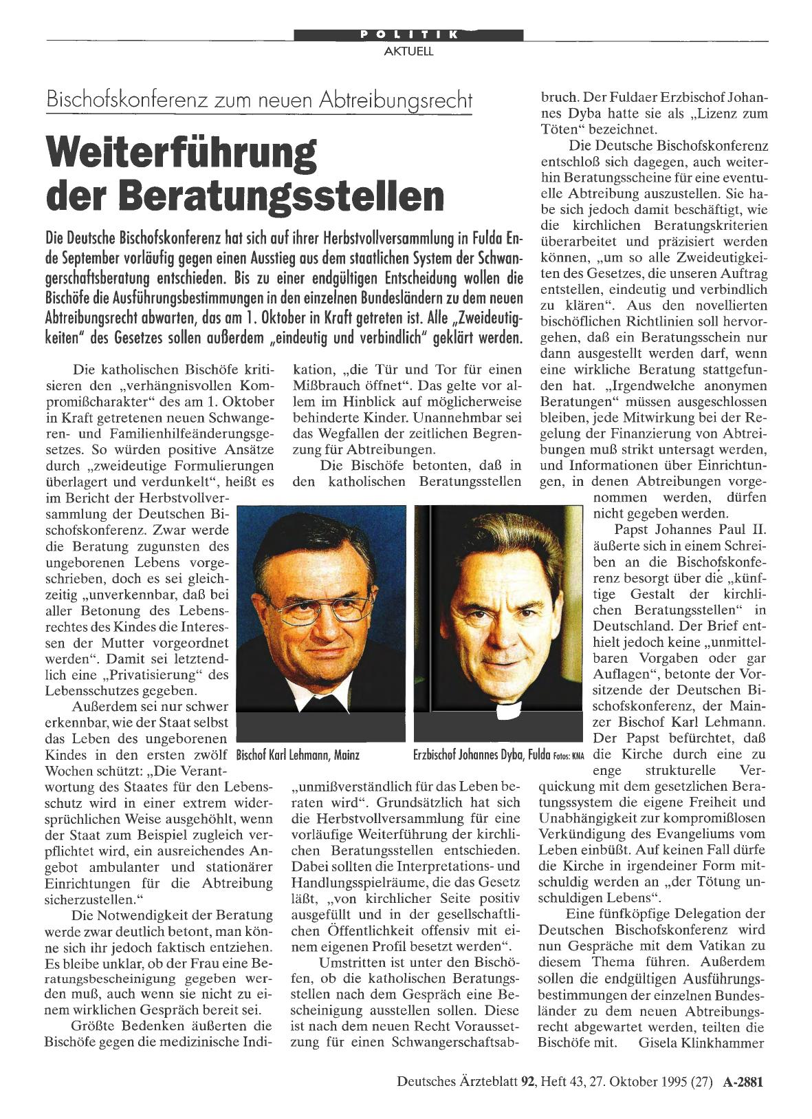 Vorschauseite 1: Bischofskonferenz zum neuen Abtreibungsrecht: Weiterführung der Beratungsstellen