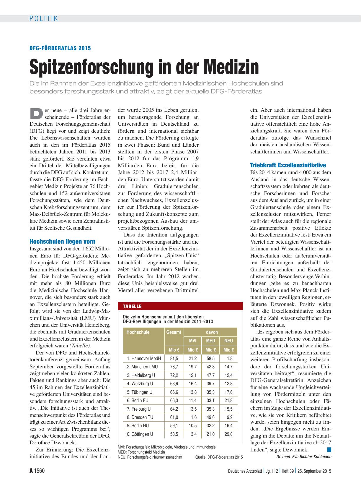 Vorschauseite 1: DFG-Förderatlas 2015: Spitzenforschung in der Medizin