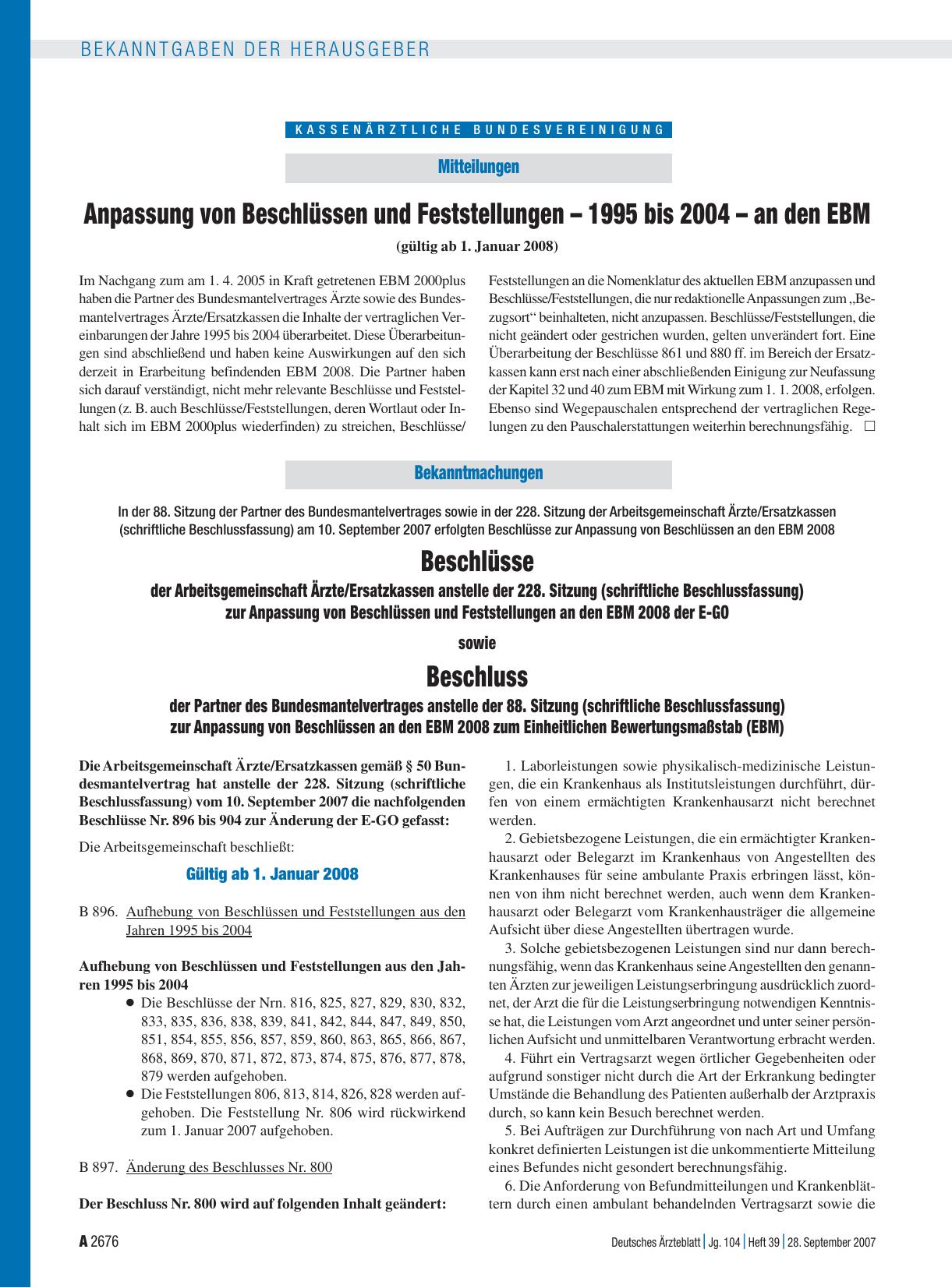 Vorschauseite 1: Bekanntmachungen: Beschlüsse der Arbeitsgemeinschaft Ärzte/Ersatzkassen anstelle der 228. Sitzung (schriftliche Beschlussfassung) zur Anpassung von Beschlüssen und Feststellungen…