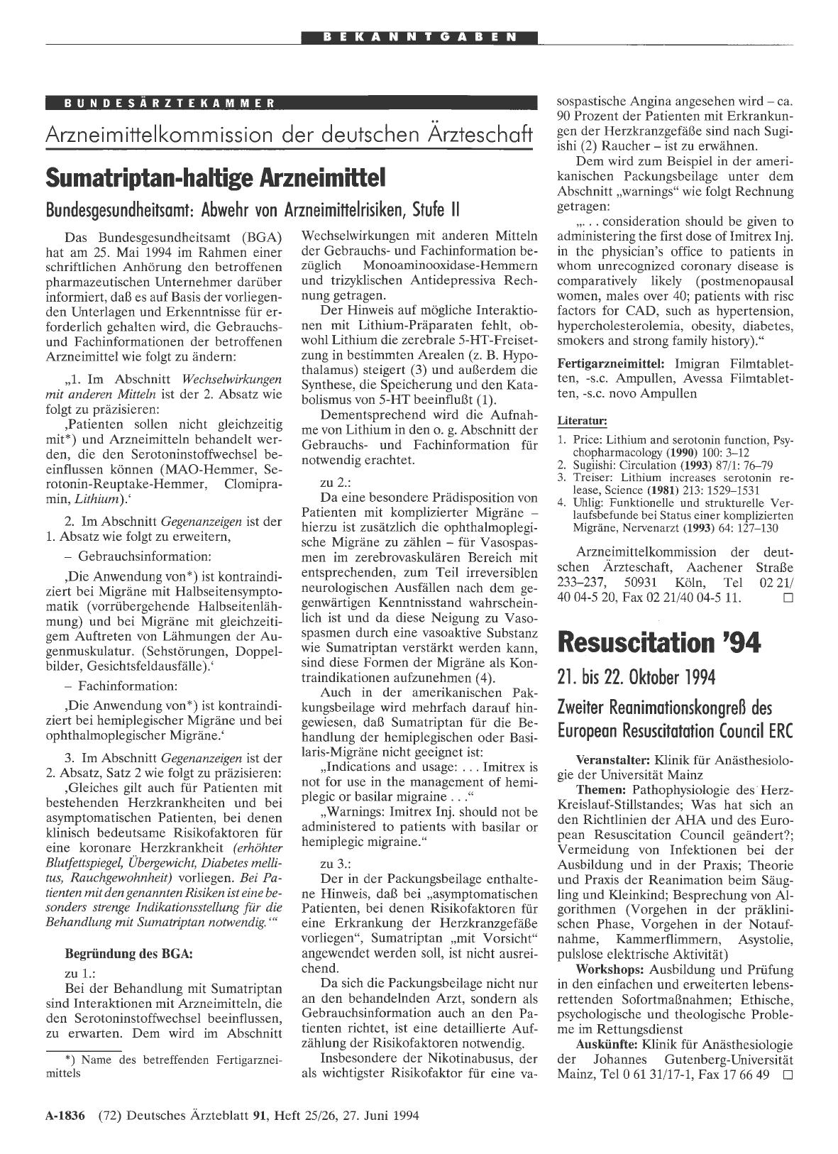 Vorschauseite 1: Resuscitation '94: 21. bis 22. Oktober 1994