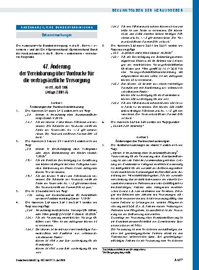 Vorschauseite 1: 47. Änderung der Vereinbarung über Vordrucke für die vertragsärztliche Versorgung, 10. Änderung der Vereinbarung über den Einsatz des Blankoformularbedruckungs-Verfahrens zur Hers…