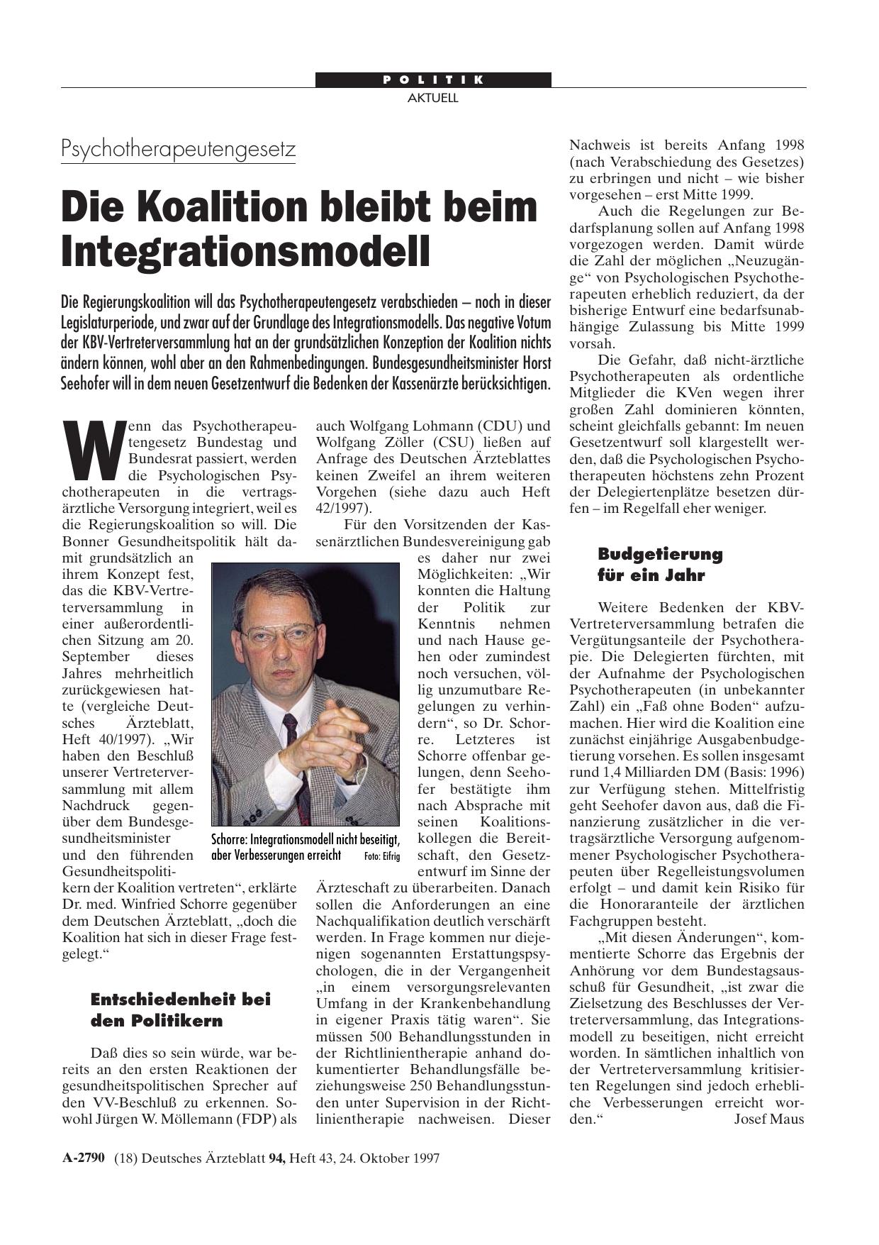 Vorschauseite 1: Psychotherapeutengesetz: Die Koalition bleibt beim Integrationsmodell