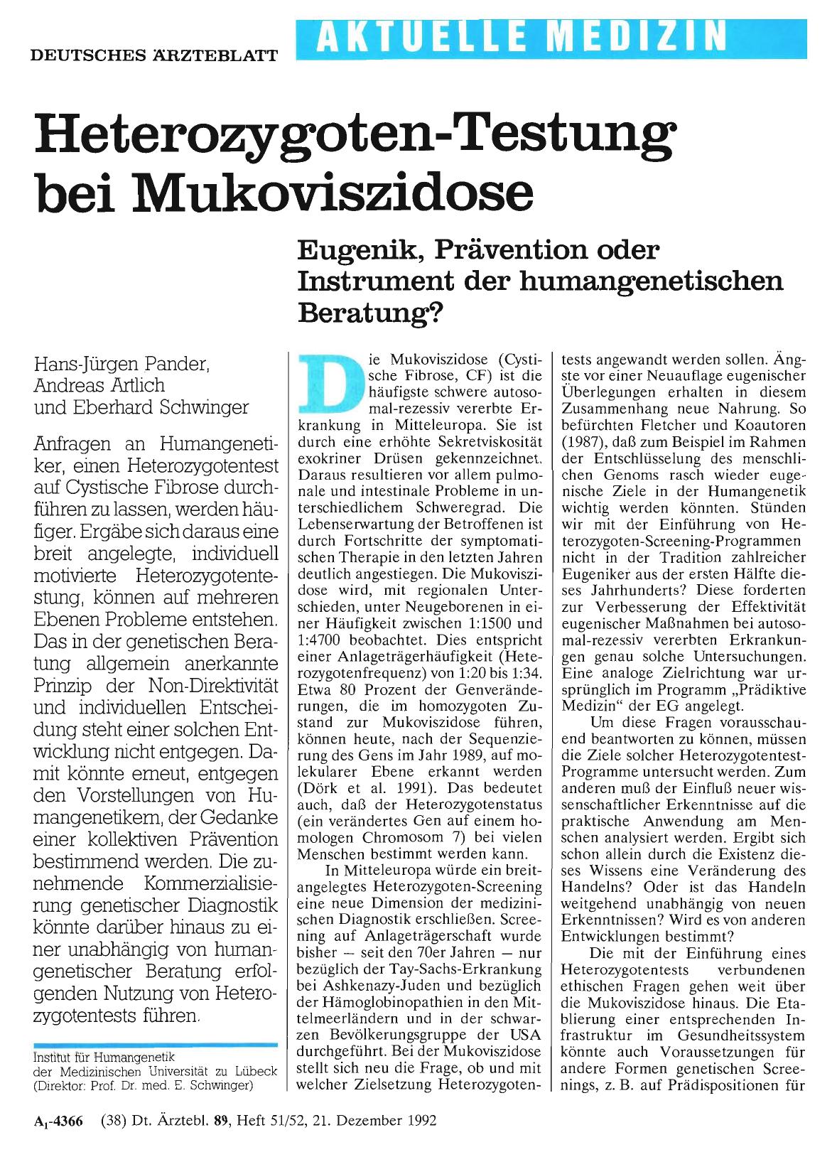 Vorschauseite 1: Heterozygoten-Testung bei Mukoviszidose: Eugenik, Prävention oder Instrument der humangenetischen Beratung?