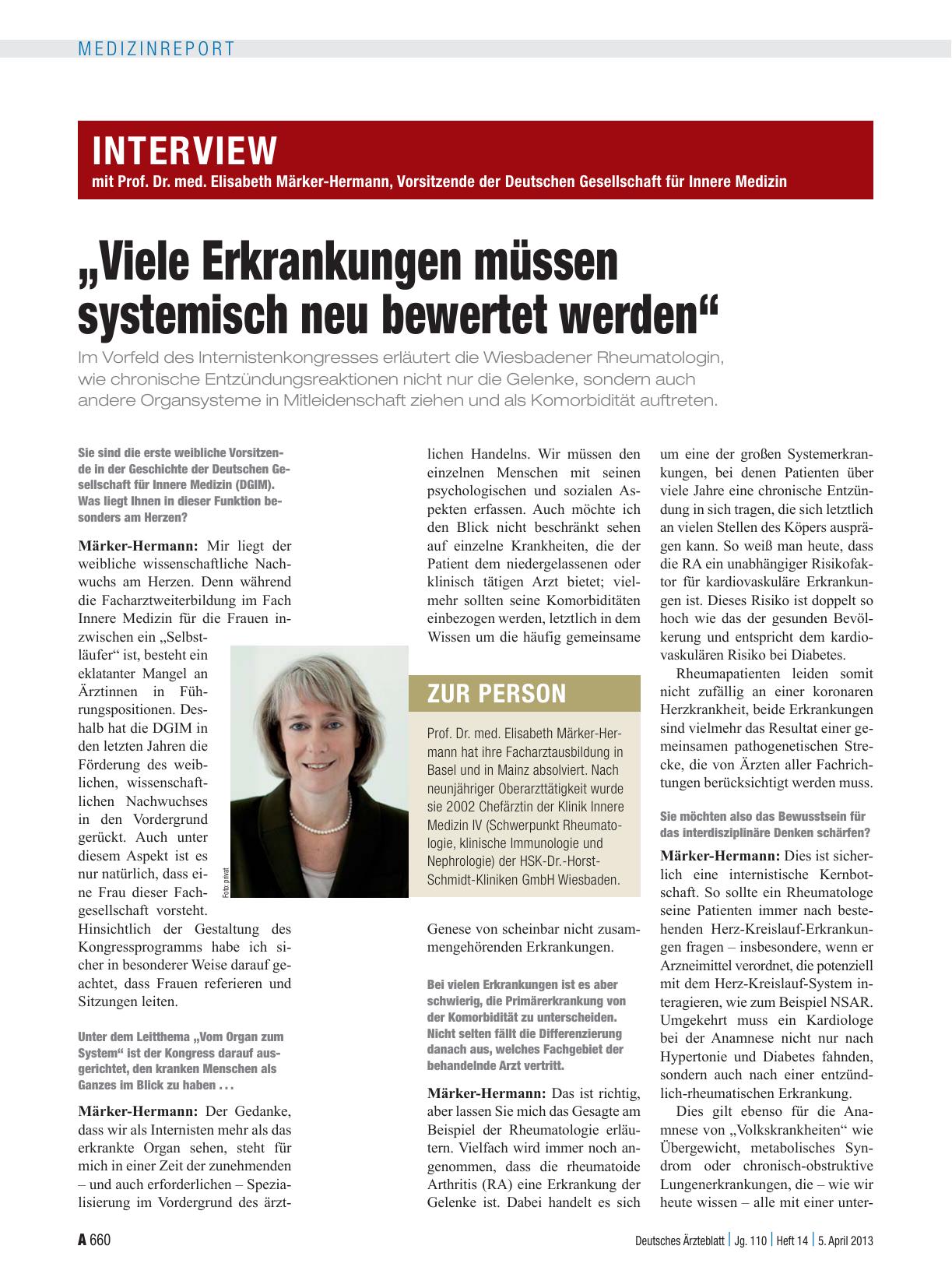 Vorschauseite 1: Interview mit Prof. Dr. med. Elisabeth Märker-Hermann, Vorsitzende der Deutschen Gesellschaft für Innere Medizin: „Viele Erkrankungen müssen systemisch neu bewertet werden“