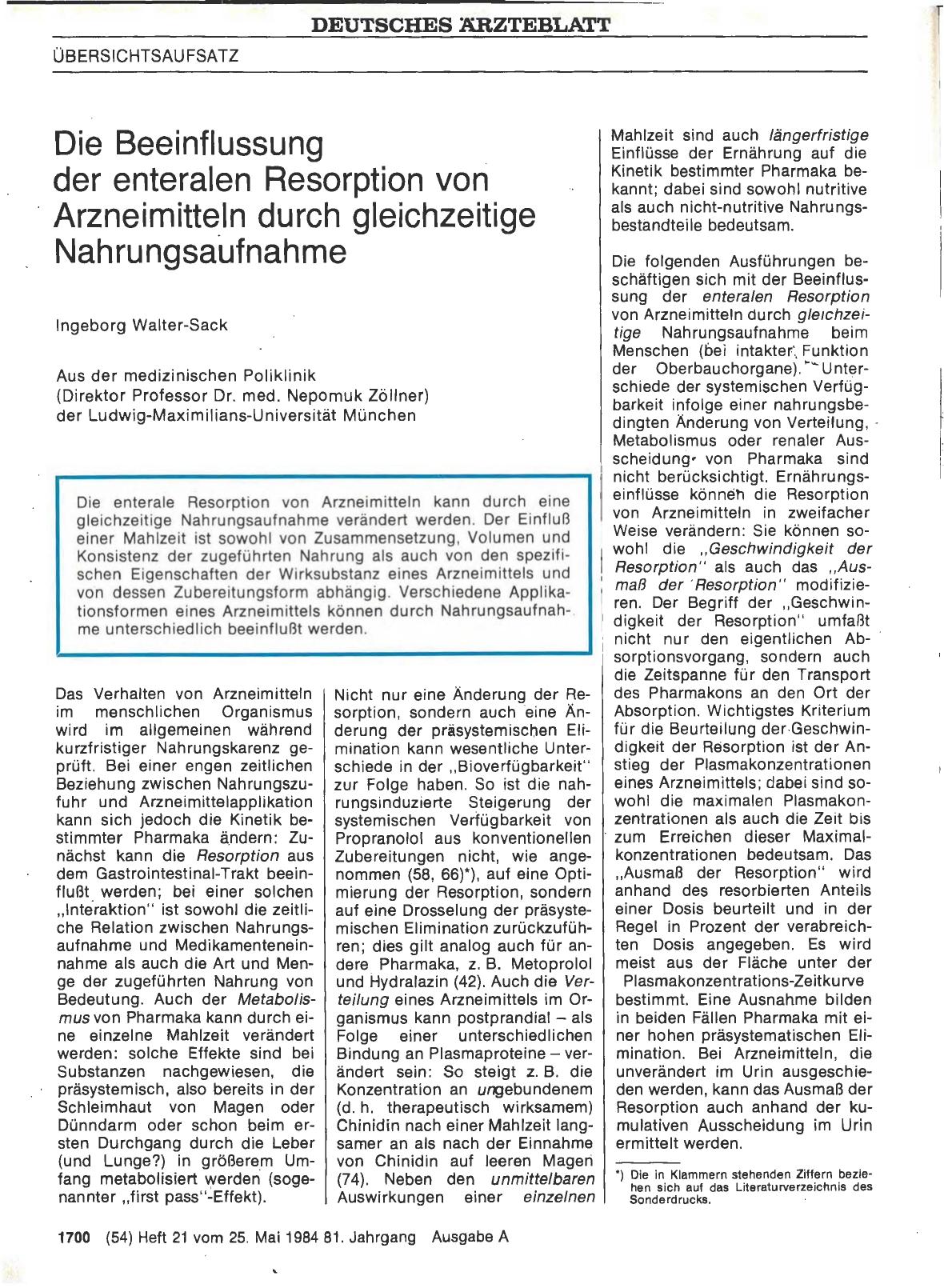 Vorschauseite 1: Die Beeinflussung der enteralen Resorption vori Arzneimitteln durch gleichzeitige Nahrungsaufnahme