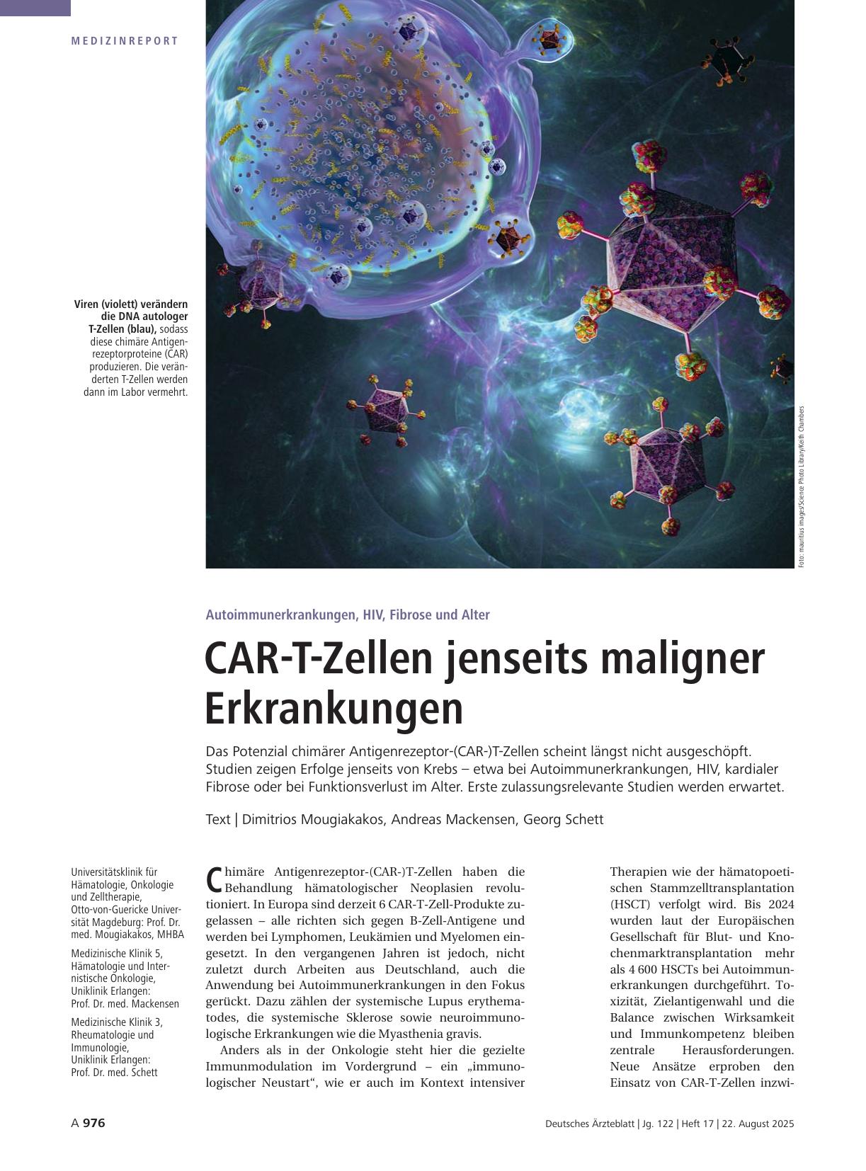 Vorschauseite 1: Autoimmunerkrankungen, HIV, Fibrose und Alter: CAR-T-Zellen jenseits maligner Erkrankungen