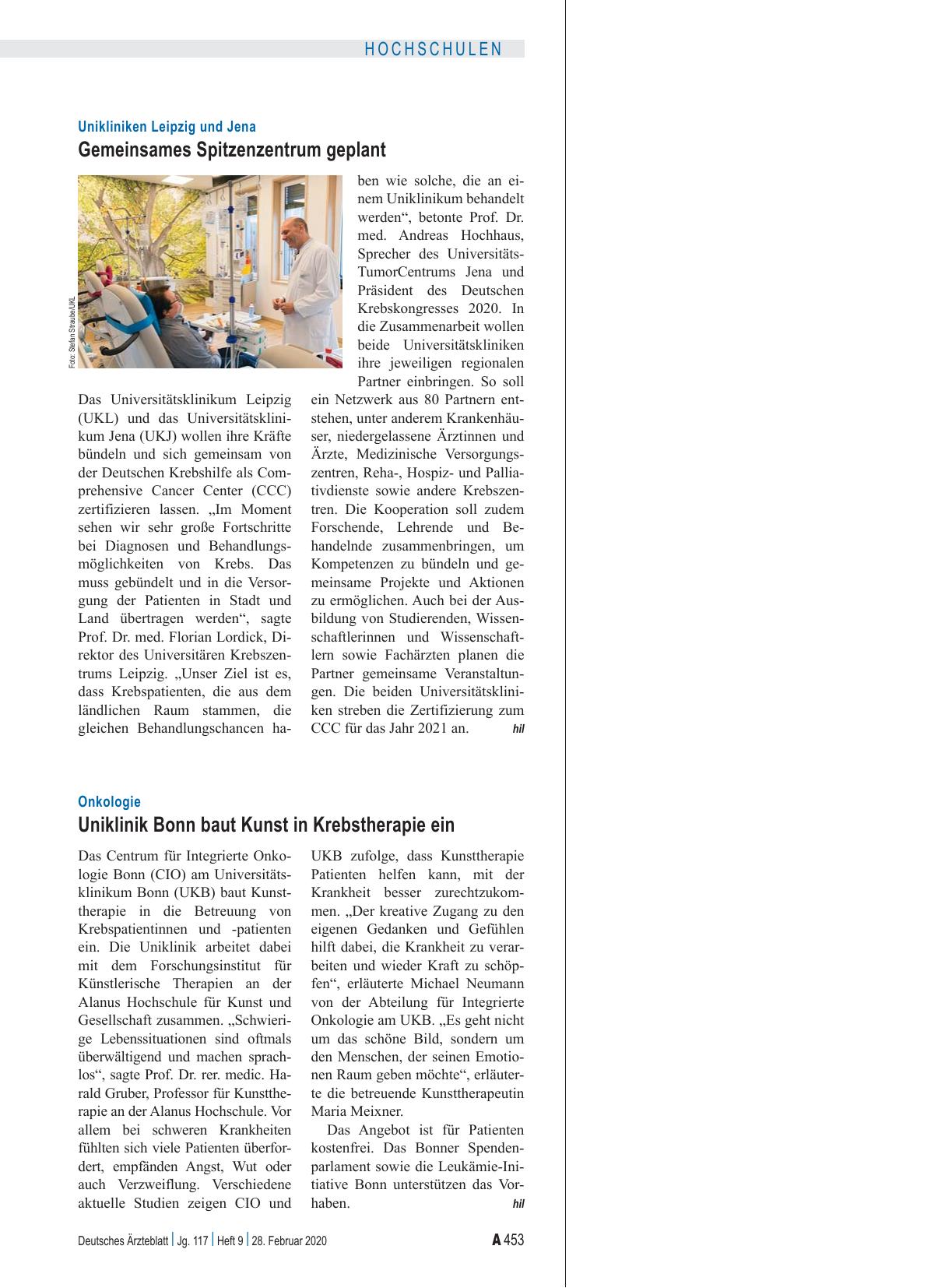 Vorschauseite 1: Onkologie: Uniklinik Bonn baut Kunst in Krebstherapie ein