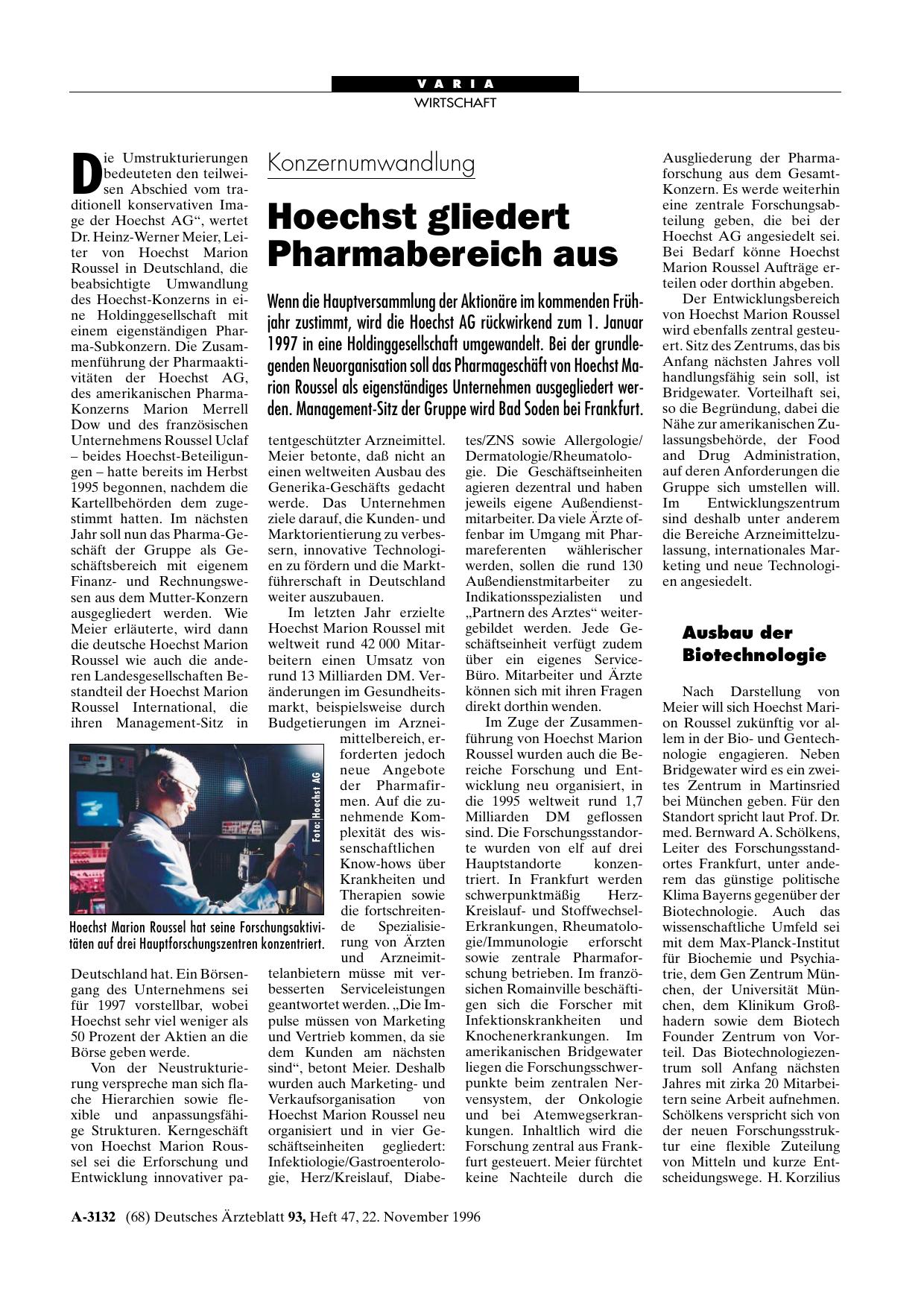 Vorschauseite 1: Konzernumwandlung: Hoechst gliedert Pharmabereich aus