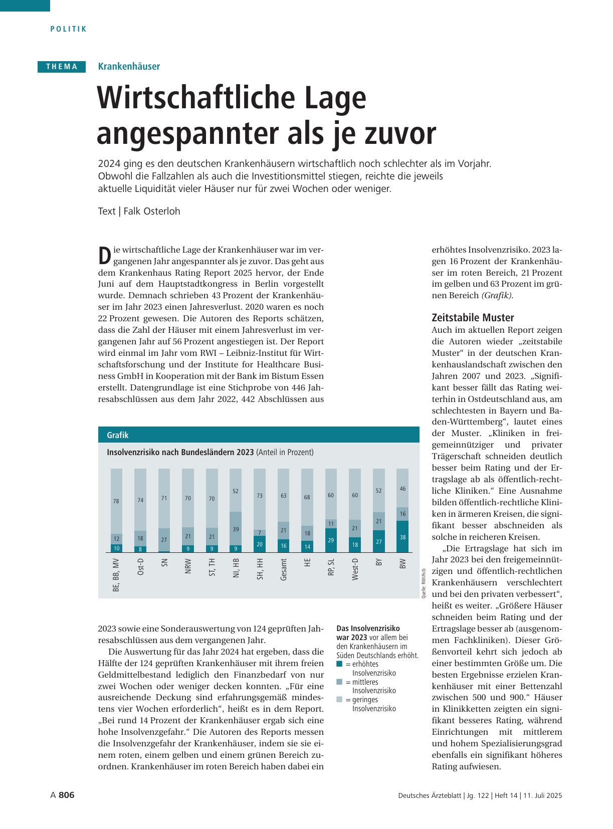 Vorschauseite 1: Krankenhäuser: Wirtschaftliche Lage angespannter als je zuvor