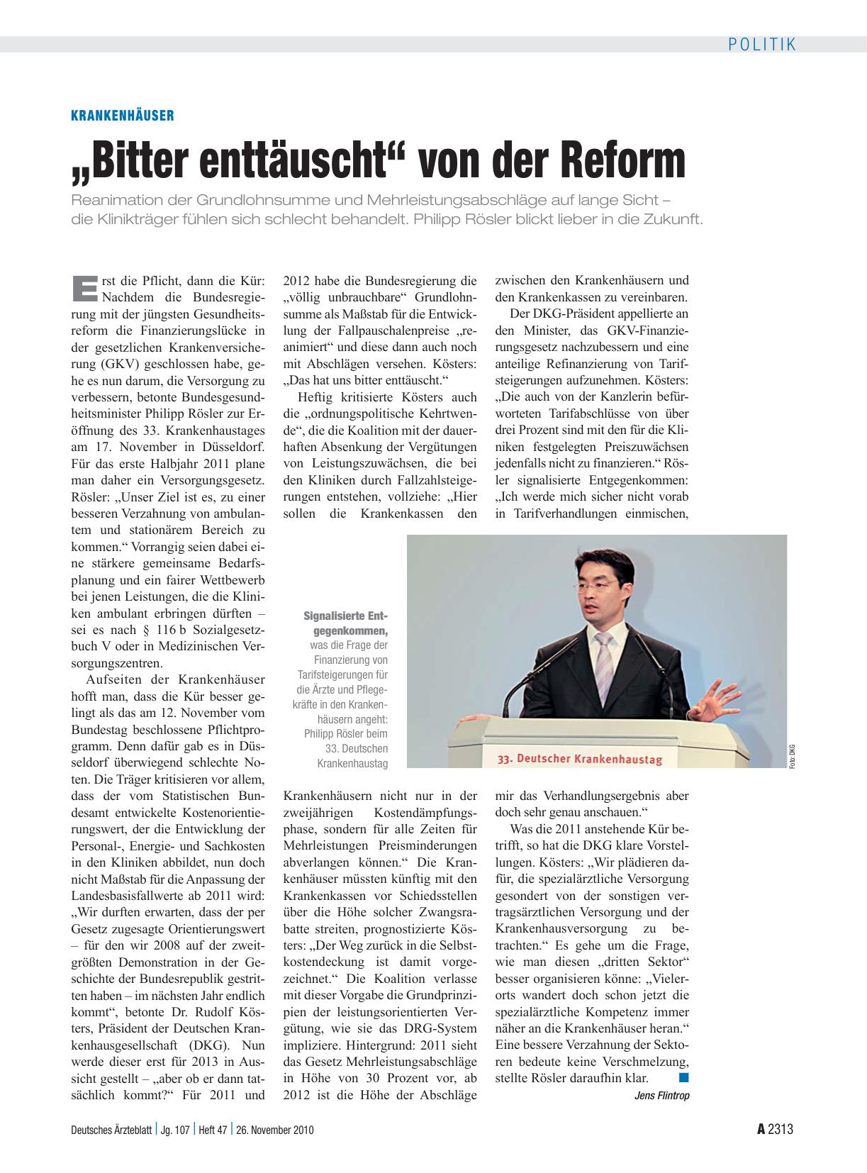Vorschauseite 1: Krankenhäuser: „Bitter enttäuscht“ von der Reform