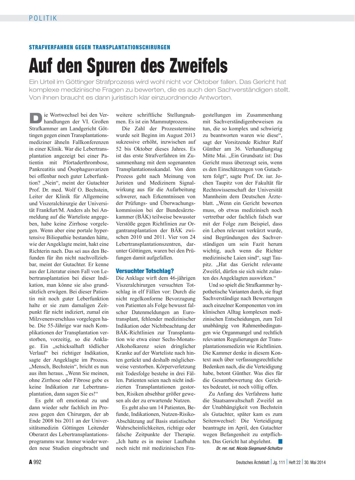 Vorschauseite 1: Strafverfahren gegen Transplantationschirurgen: Auf den Spuren des Zweifels