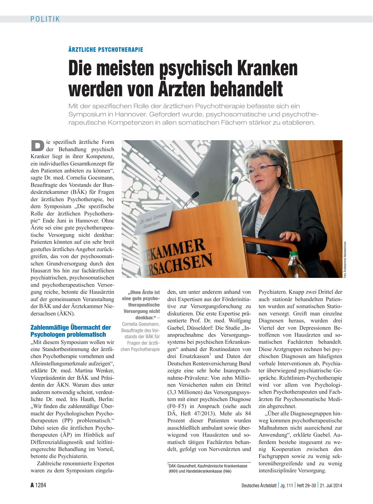 Vorschauseite 1: Ärztliche Psychotherapie: Die meisten psychisch Kranken werden von Ärzten behandelt
