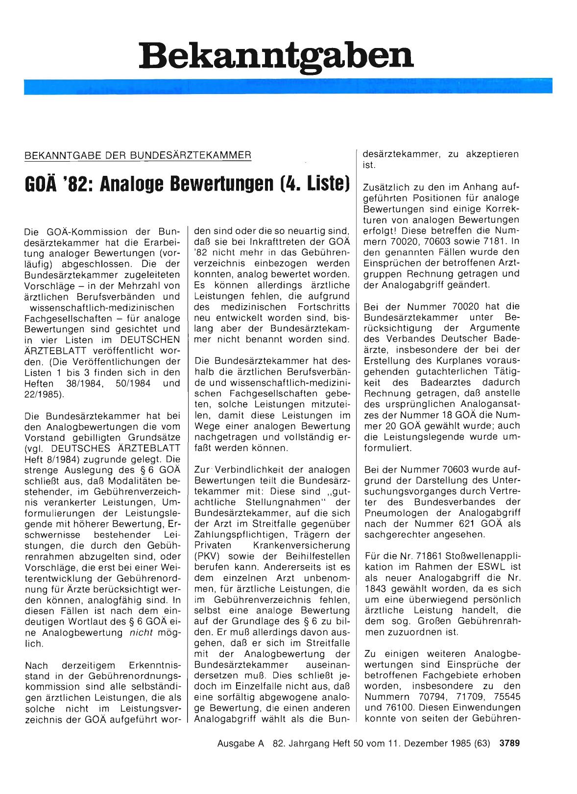 Vorschauseite 1: GOÄ '82: Analoge Bewertungen (4. Liste)