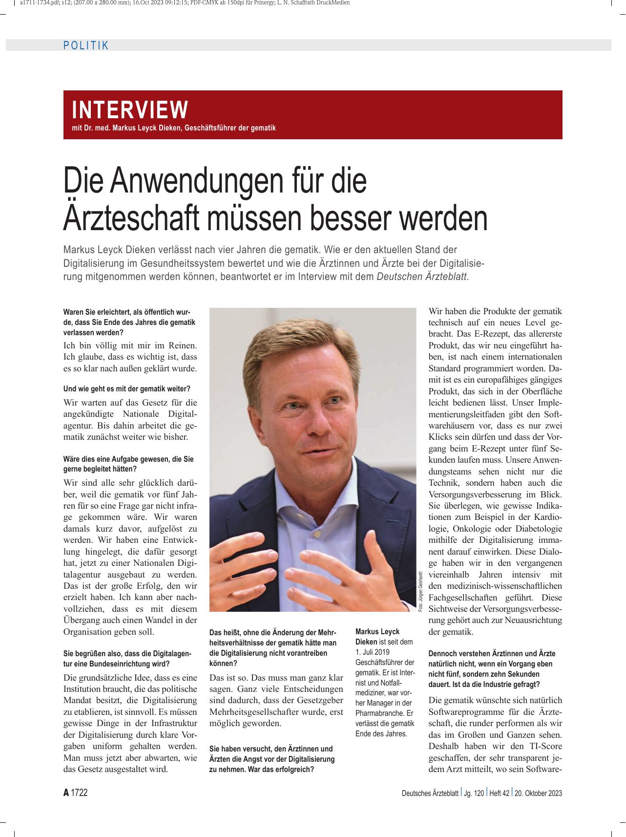 Vorschauseite 1: Interview mit Dr. med. Markus Leyck Dieken, Geschäftsführer der gematik: Die Anwendungen für die Ärzteschaft müssen besser werden.