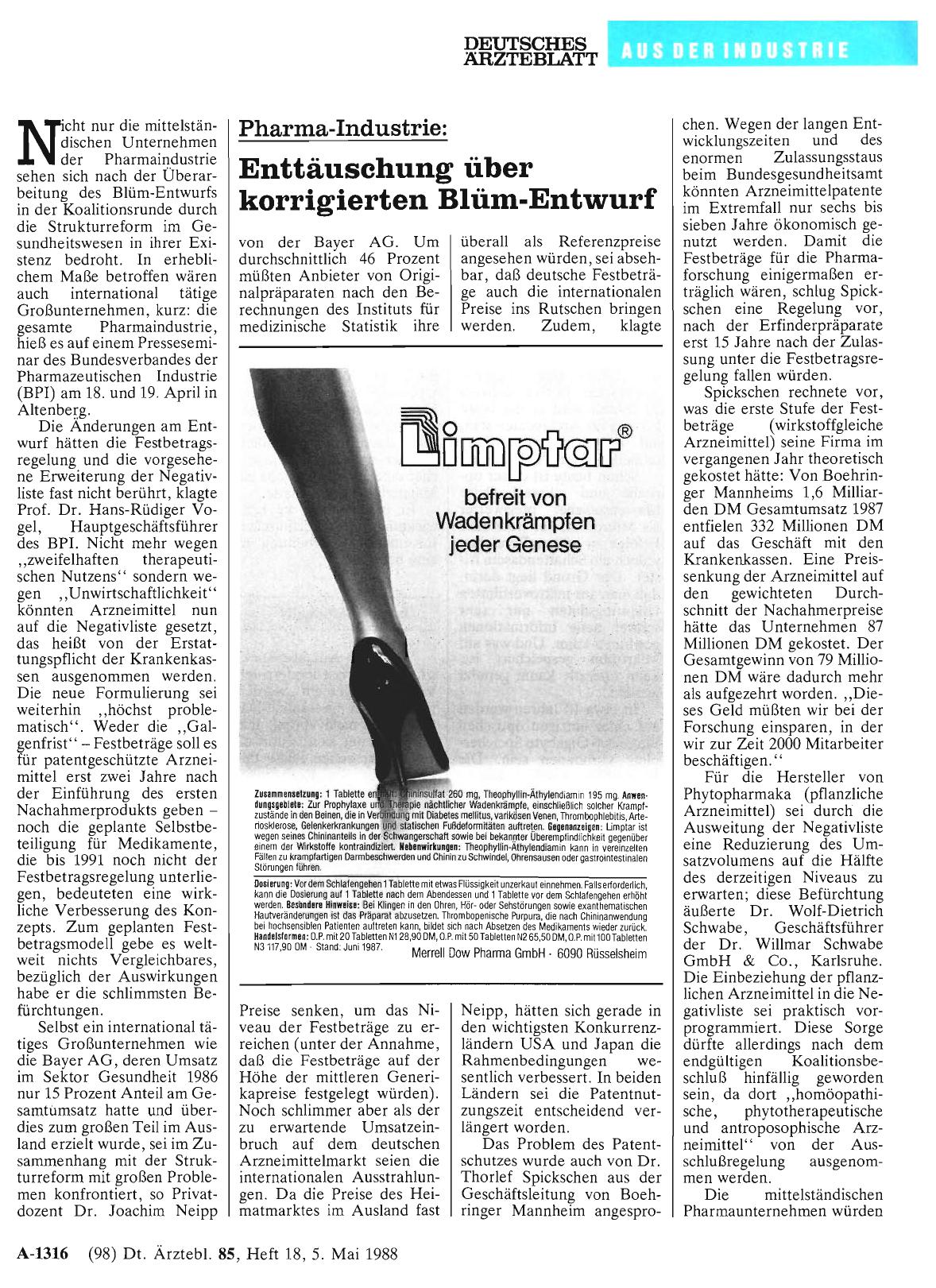 Vorschauseite 1: Pharma-Industrie: Enttäuschung über korrigierten Blüm-Entwurf