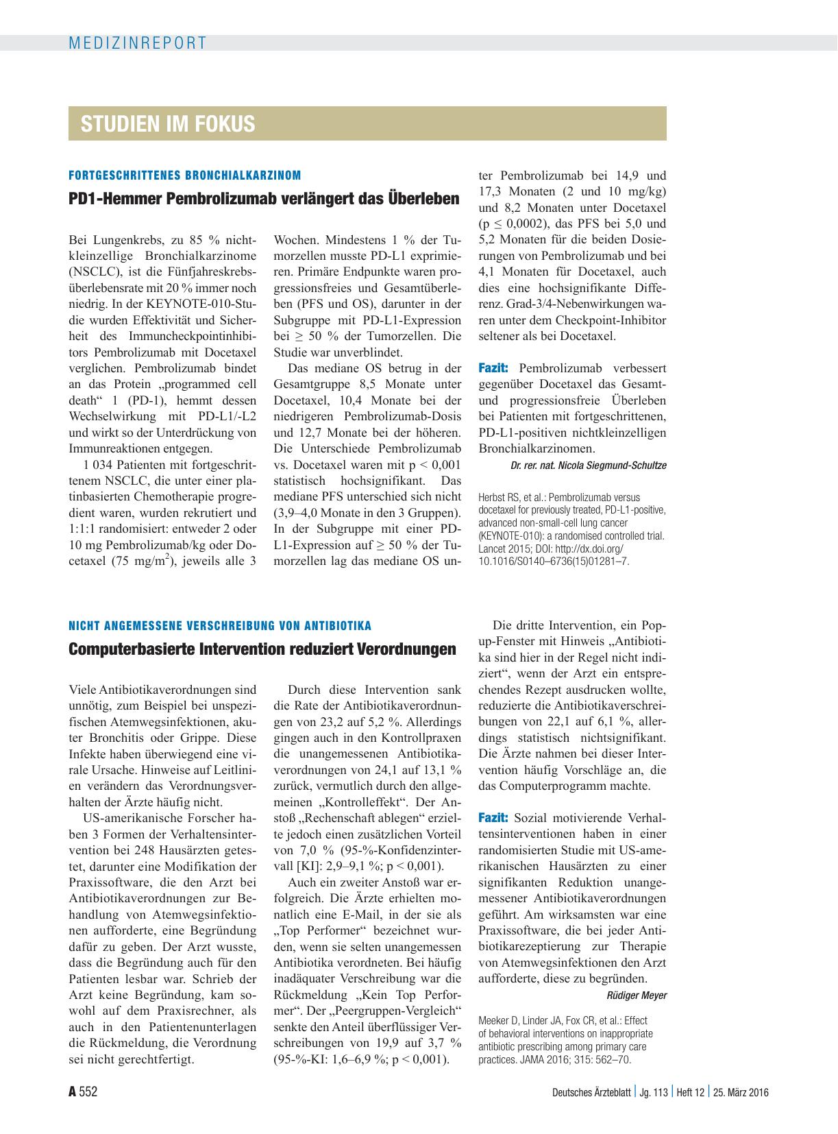 Vorschauseite 1: Fortgeschrittenes Bronchialkarzinom: PD1-Hemmer Pembrolizumab verlängert das Überleben