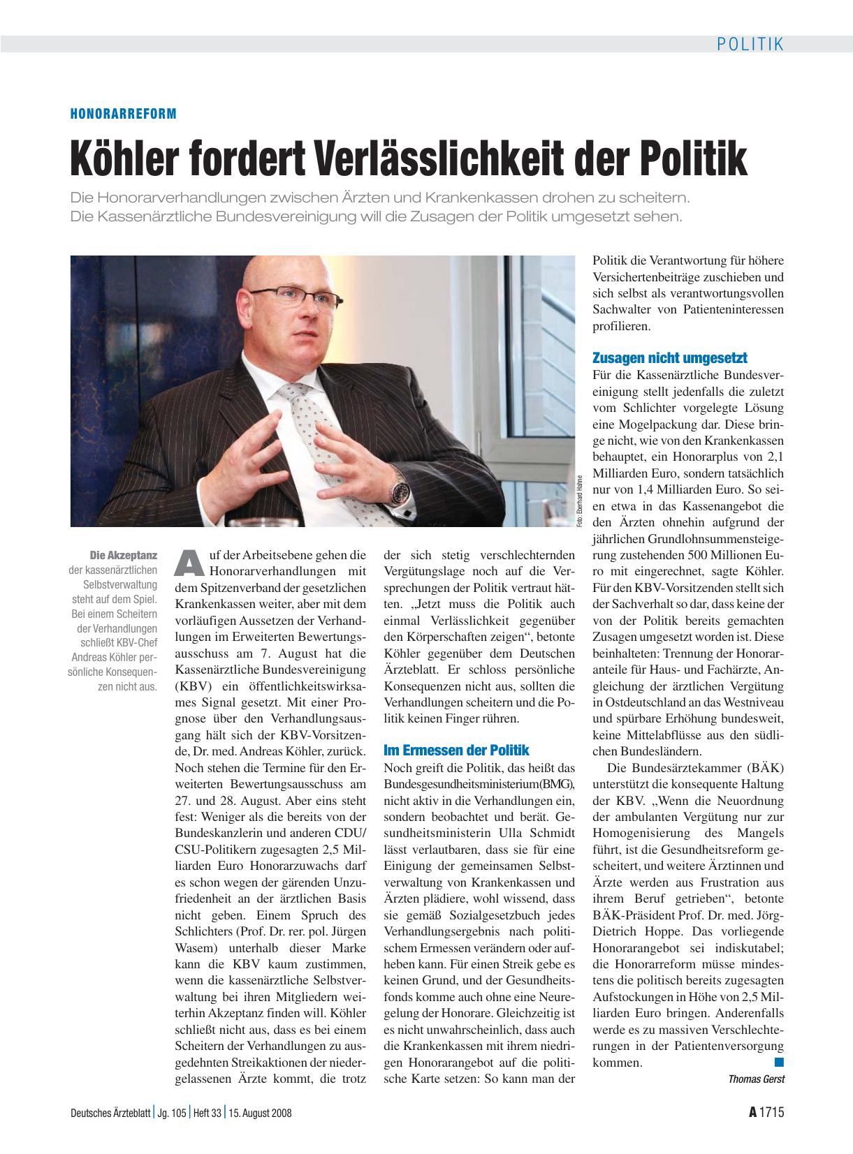 Vorschauseite 1: Honorarreform: Köhler fordert Verlässlichkeit der Politik
