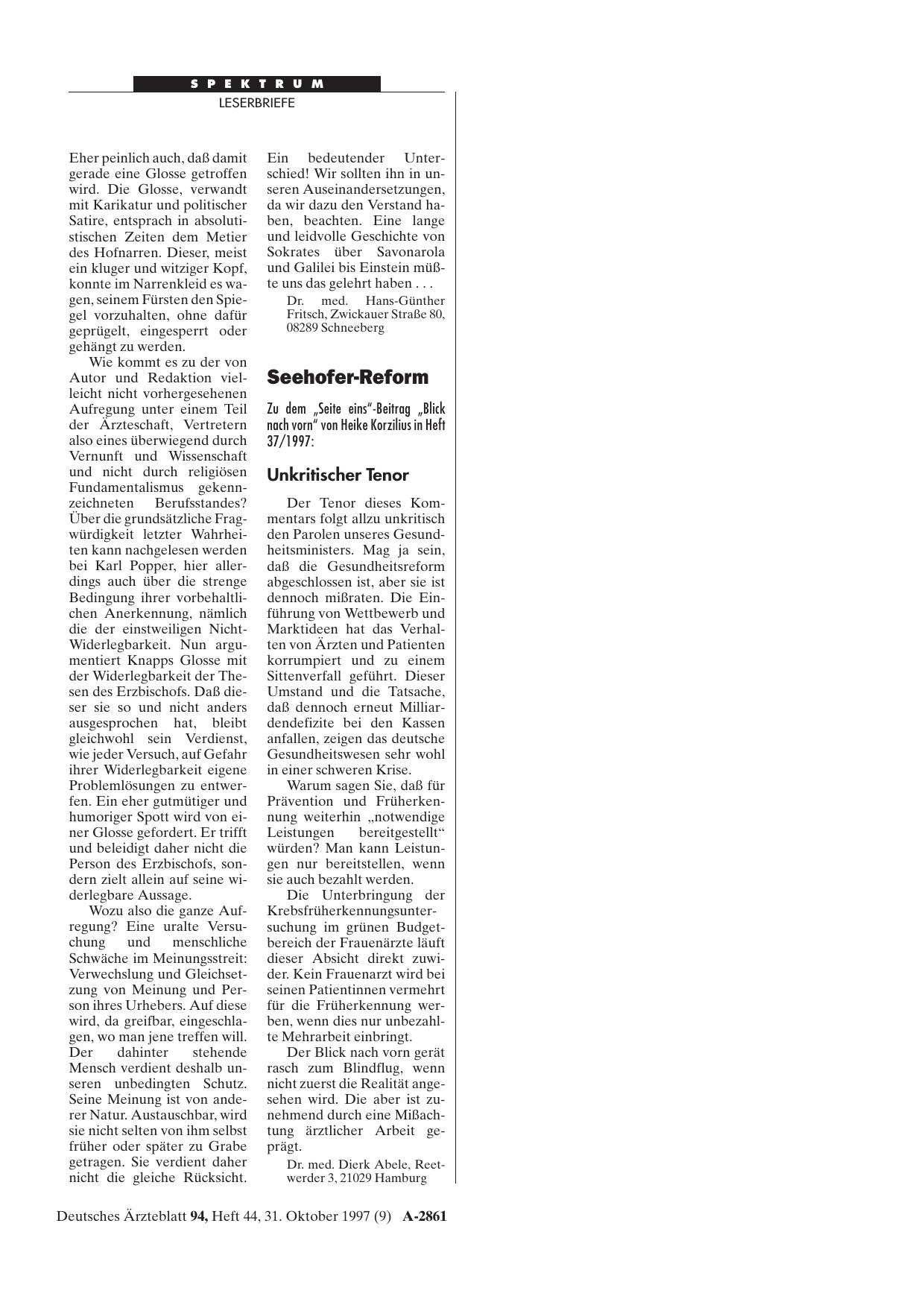 Vorschauseite 1: Seehofer-Reform: Unkritischer Tenor