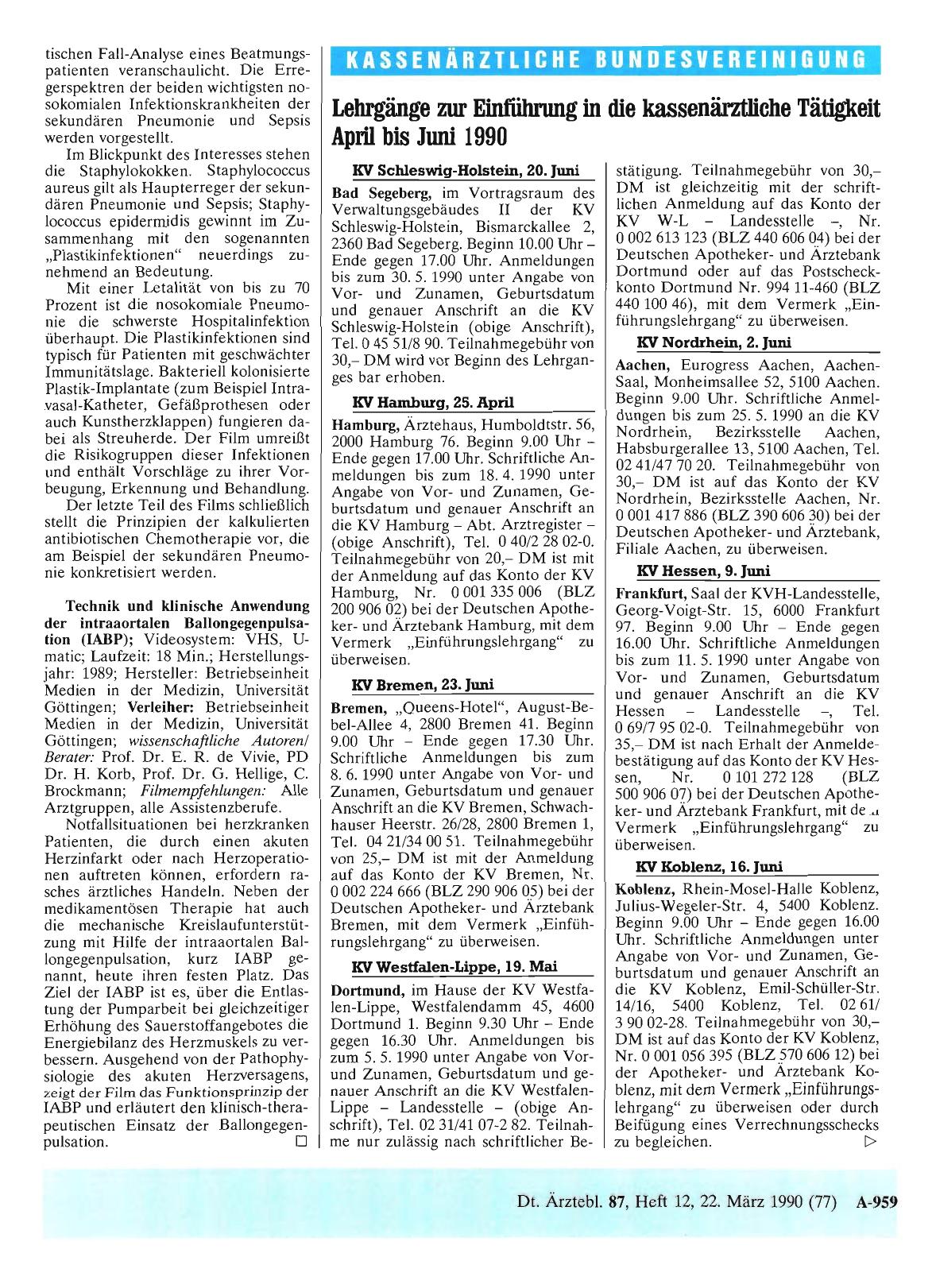 Vorschauseite 1: Lehrgänge zur Einführung in die kassenärztliche Tätigkeit April bis Juni 1990