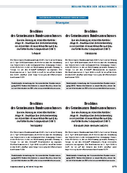 Vorschauseite 1: Beschluss des Gemeinsamen Bundesausschusses über eine Änderung der Arzneimittel-Richtlinie: Anlage XII – Obinutuzumab
