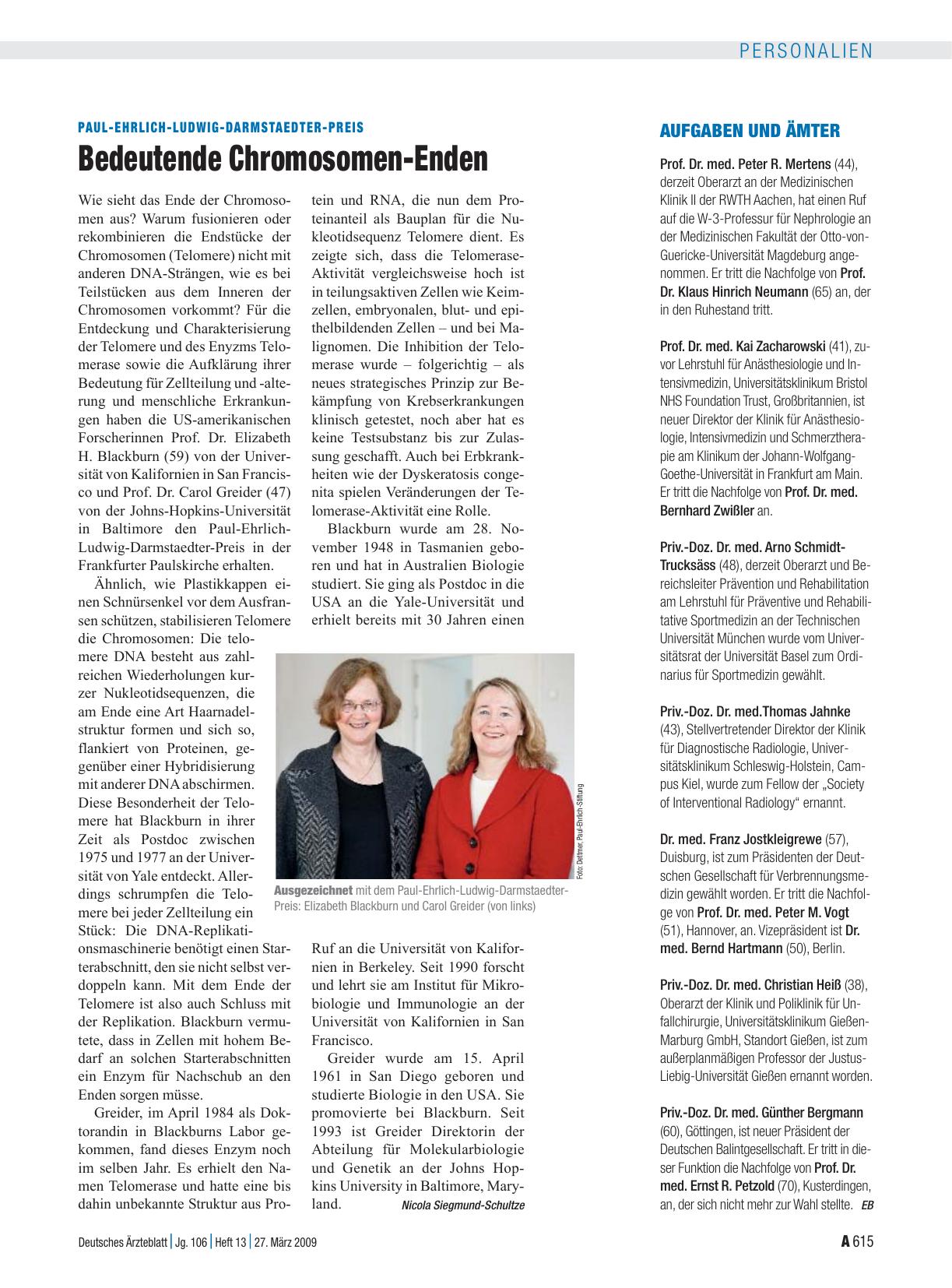 Vorschauseite 1: Paul-Ehrlich-Ludwig-Darmstaedter-Preis: Bedeutende Chromosomen-Enden