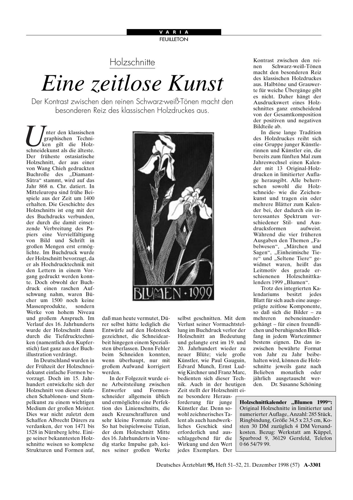 Vorschauseite 1: Holzschnittkalender „Blumen 1999