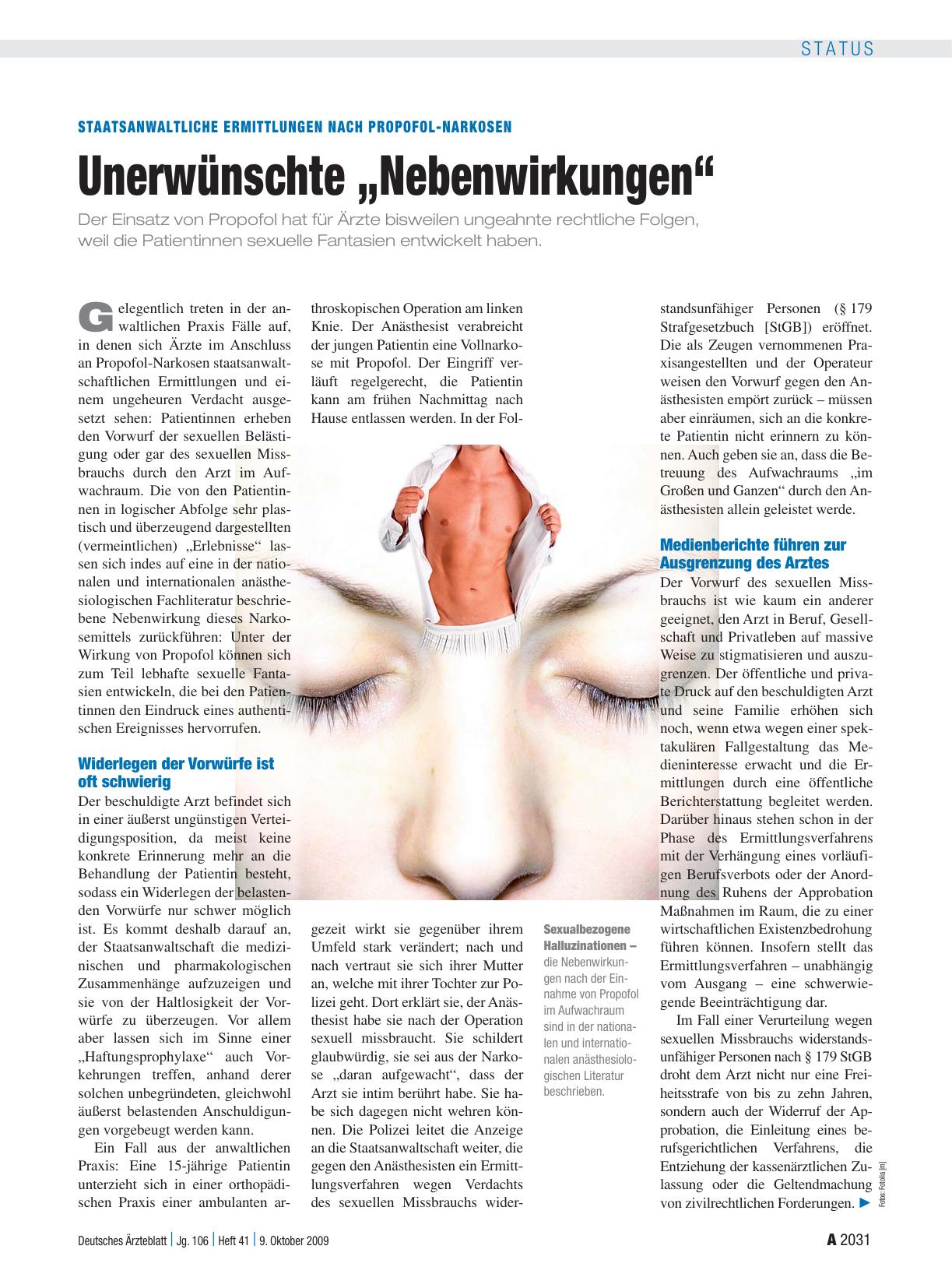 Vorschauseite 1: Staatsanwaltliche Ermittlungen nach Propofol-Narkosen: Unerwünschte „Nebenwirkungen“