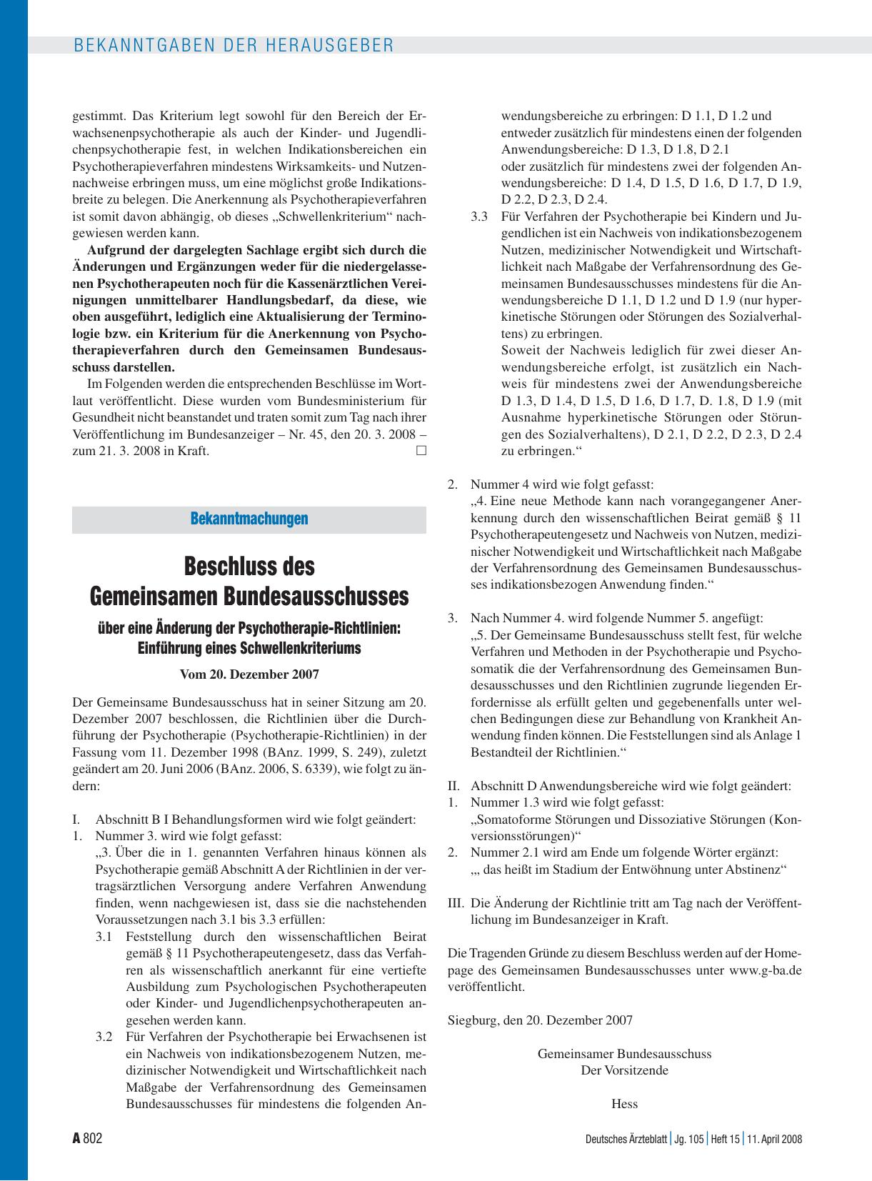 Vorschauseite 1: Bekanntmachungen: Beschluss des Gemeinsamen Bundesausschusses über eine Änderung der Psychotherapie-Richtlinien: Einführung eines Schwellenkriteriums vom 20. Dezember 2007