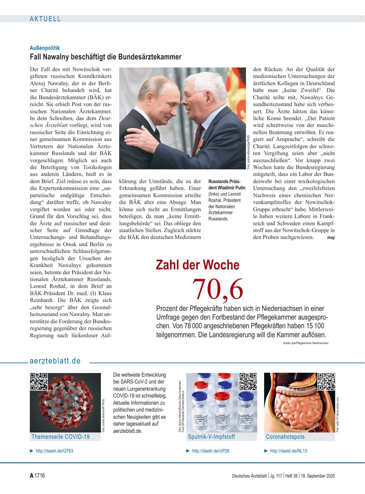 Vorschauseite 1: Außenpolitik: Fall Nawalny beschäftigt die Bundesärztekammer