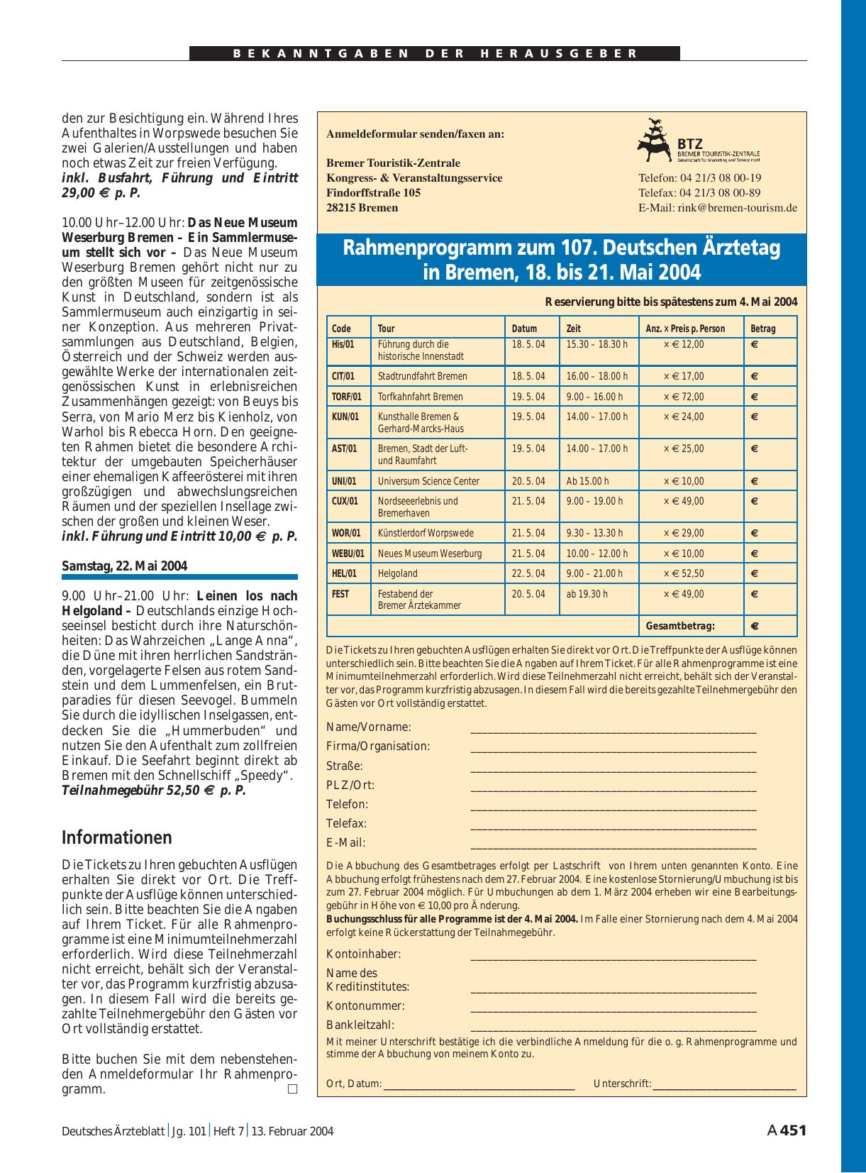 Vorschauseite 1: Rahmenprogramm zum 107. Deutschen Ärztetag in Bremen, 18. bis 21. Mai 2004
