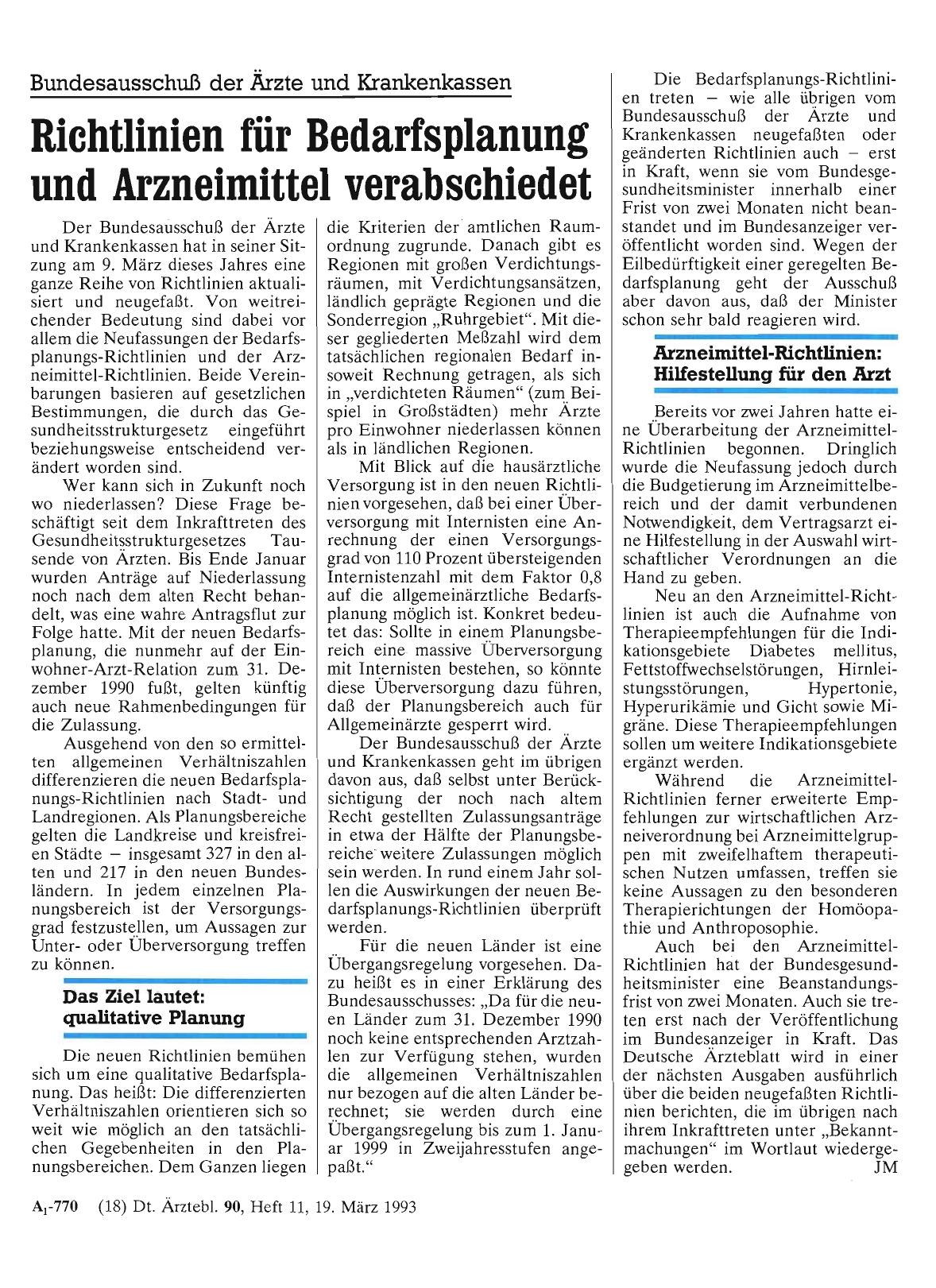 Vorschauseite 1: Bundesausschuß der Ärzte und Krankenkassen: Richtlinien für Bedarfsplanung und Arzneimittel verabschiedet