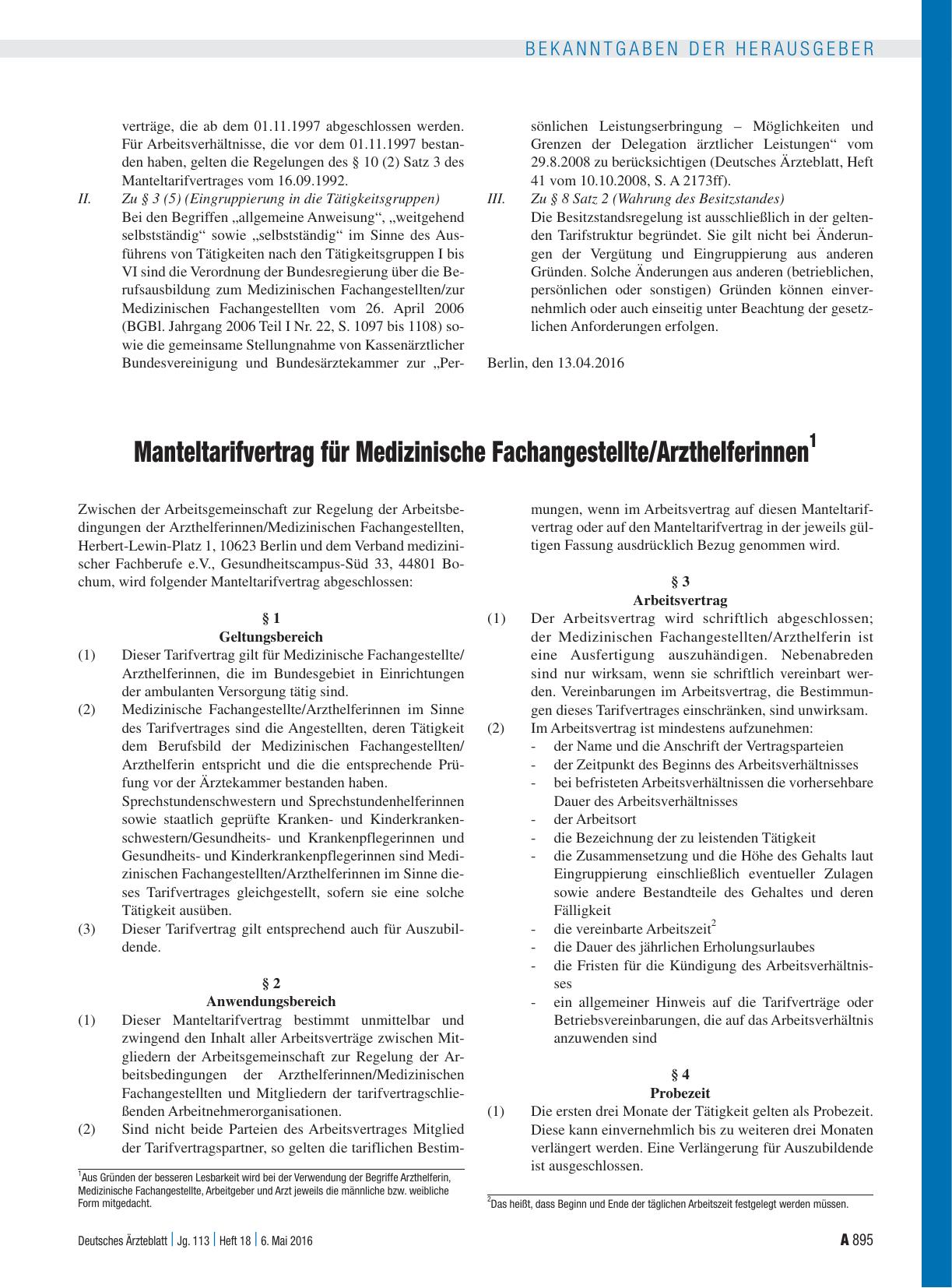 Vorschauseite 1: Manteltarifvertrag für Medizinische Fachangestellte/Arzthelferinnen