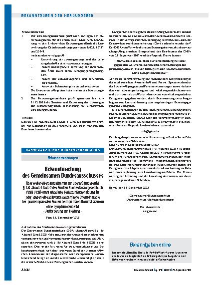 Vorschauseite 1: Bekanntmachung des Gemeinsamen Bundesausschusses: Biomarkerbasierte Tests zur Entscheidung für oder gegen eine adjuvante systemische Chemotherapie bei prämenopausalen Frauen beim…