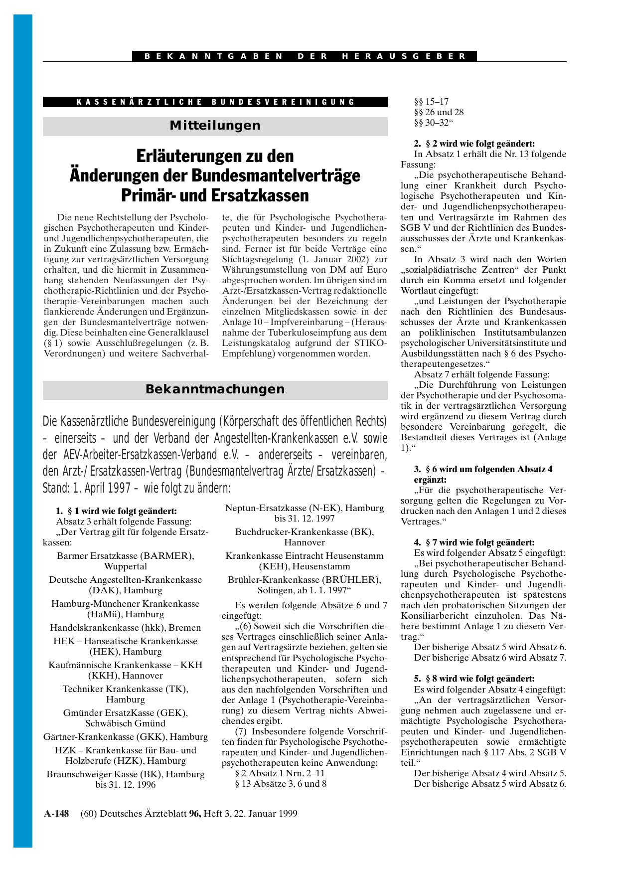 Vorschauseite 1: Änderung Arzt-/Ersatzkassen-Vertrag (Bundesmantelvertrag Ärzte/Ersatzkassen) - Stand: 1. April 1997