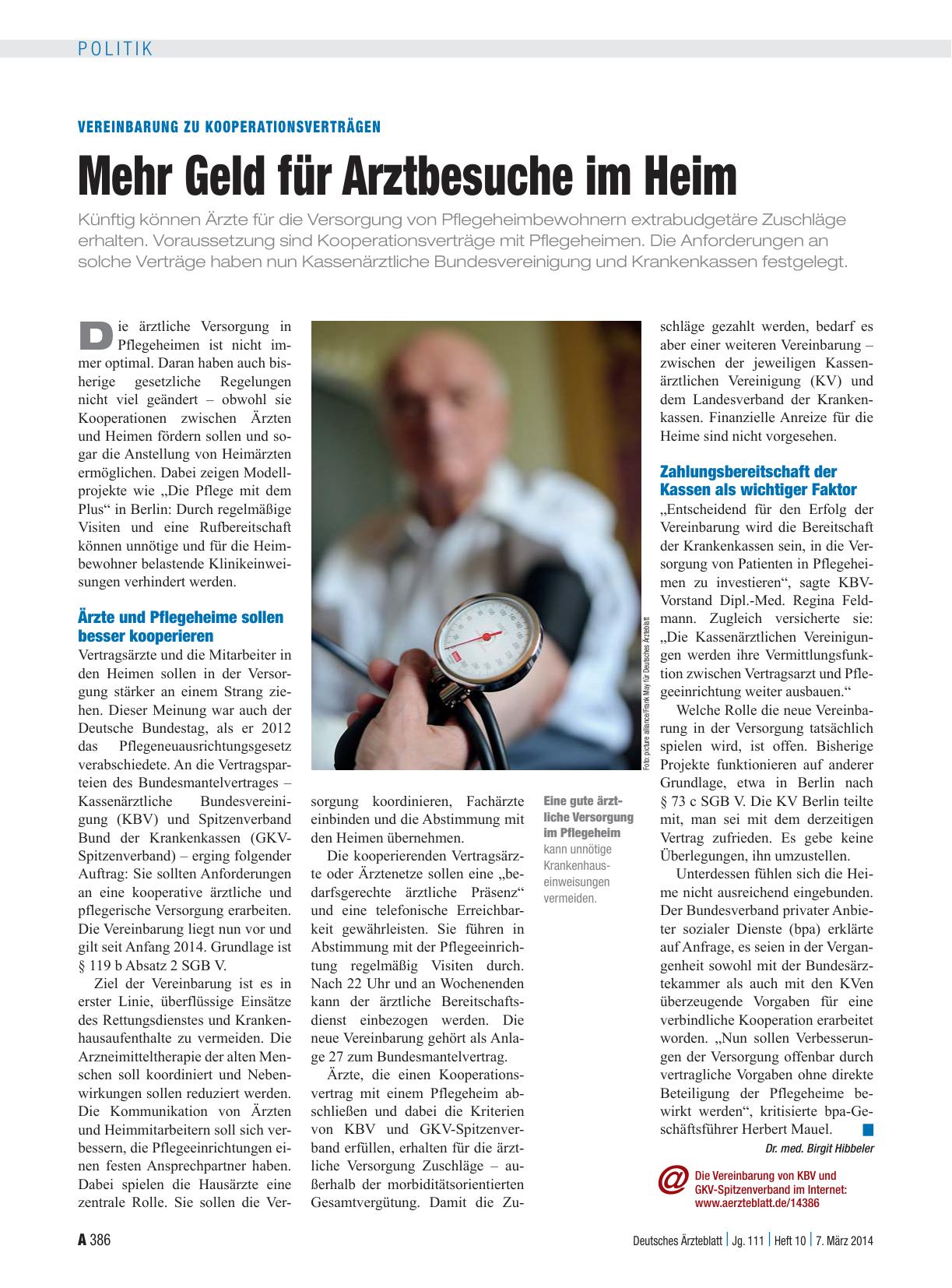 Vorschauseite 1: Vereinbarung zu Kooperationsverträgen: Mehr Geld für Arztbesuche im Heim