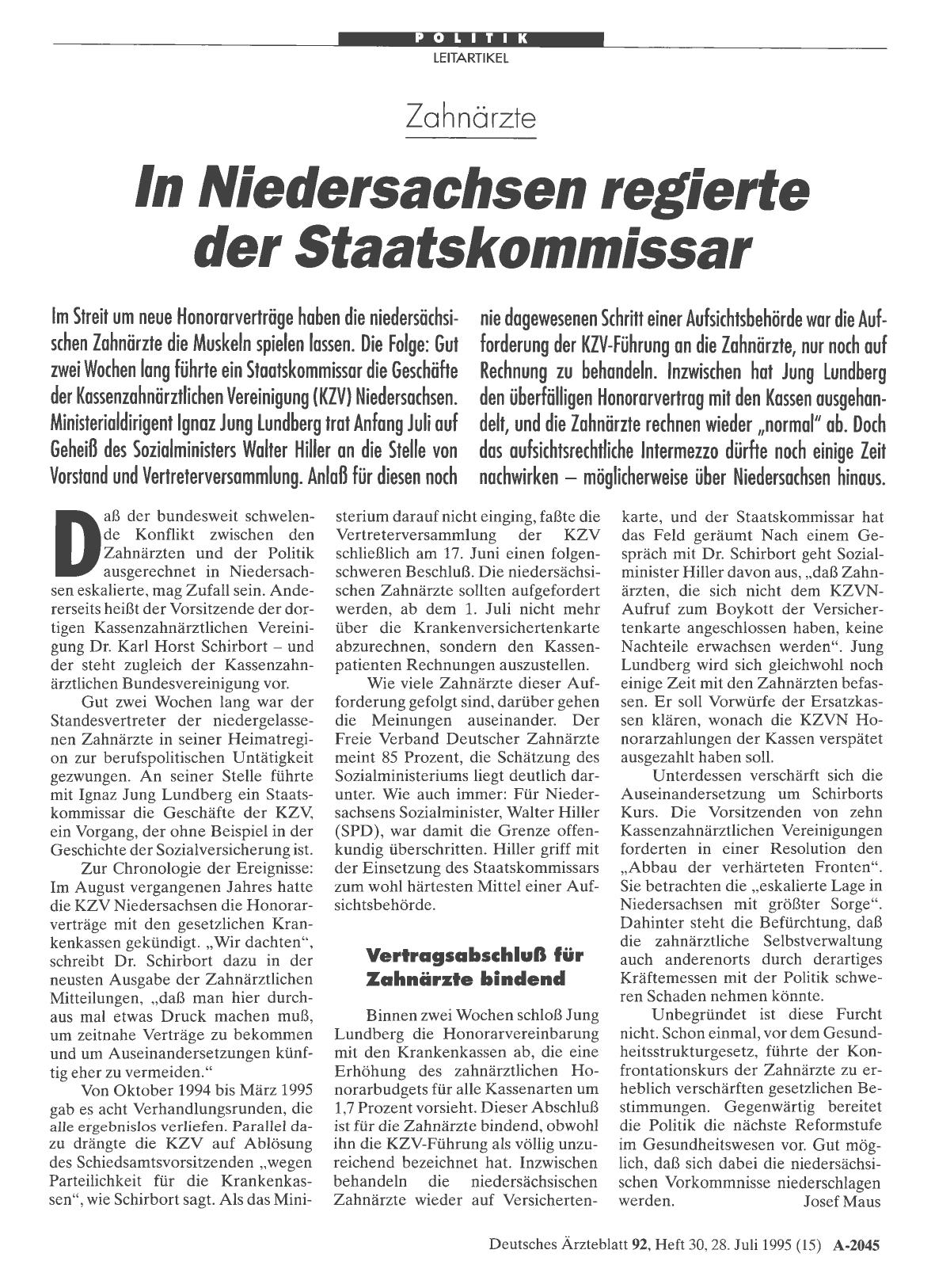 Vorschauseite 1: Zahnärzte: In Niedersachsen regierte der Staatskommissar