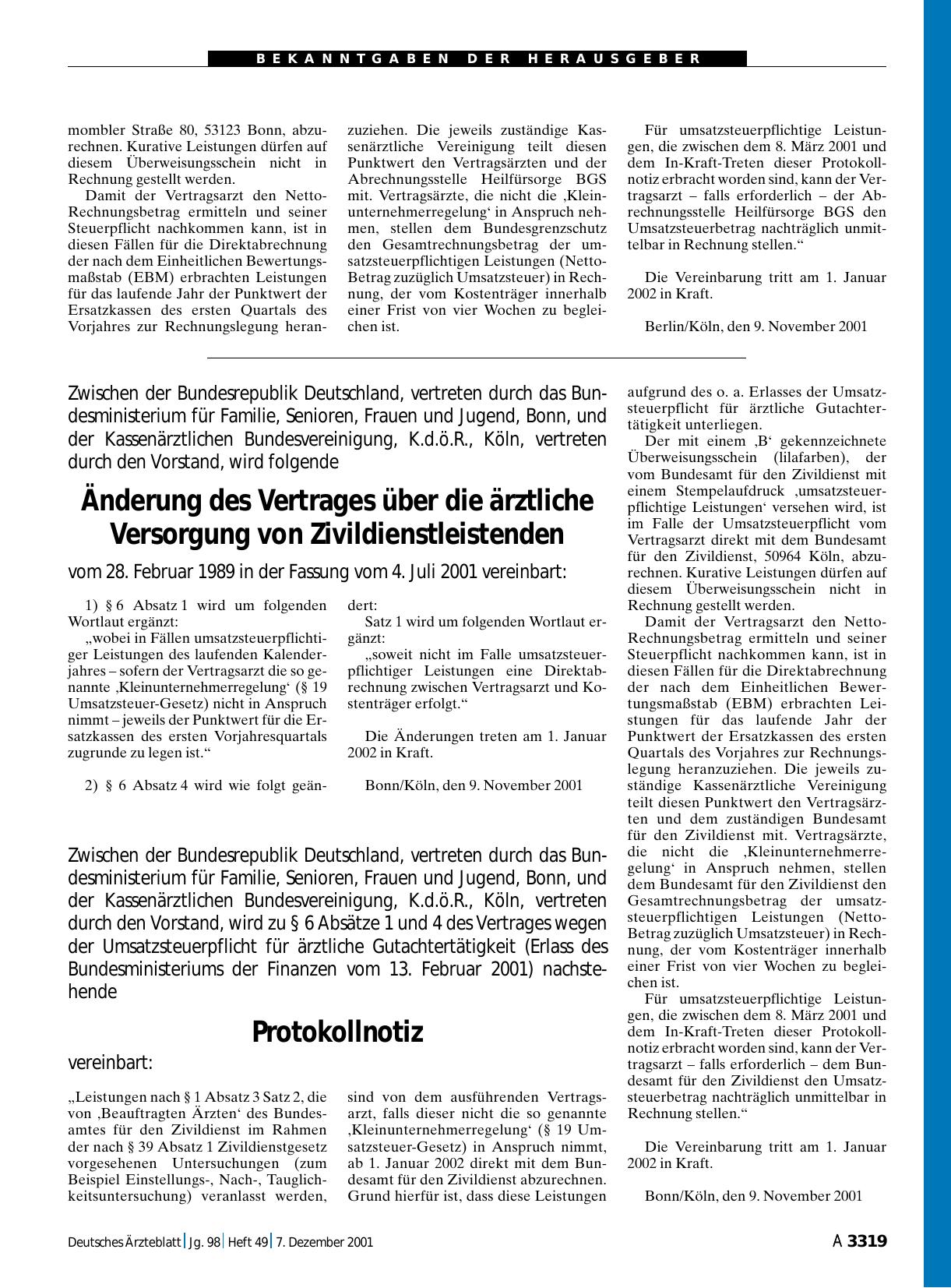Vorschauseite 1: Änderung des Vertrages über die ärztliche Versorgung von Zivildienstleistenden