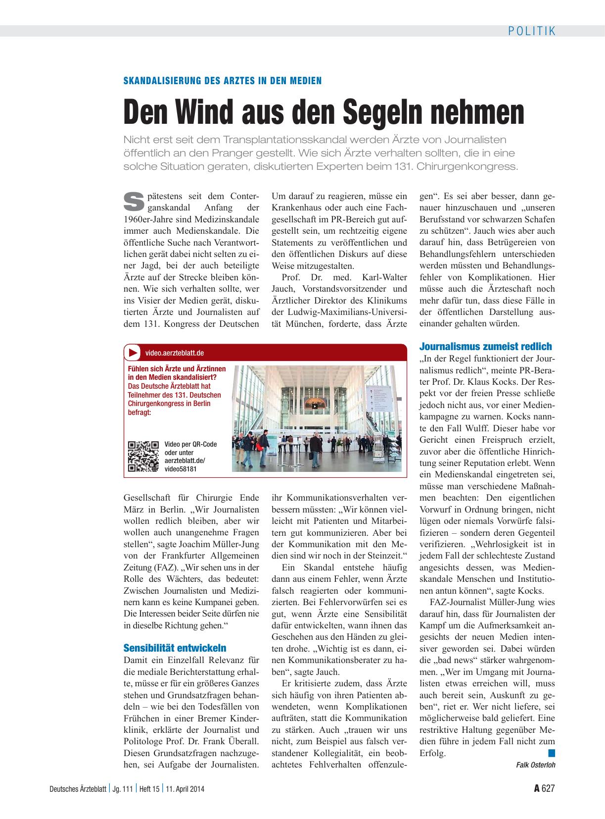 Vorschauseite 1: Skandalisierung des Arztes in den Medien: Den Wind aus den Segeln nehmen
