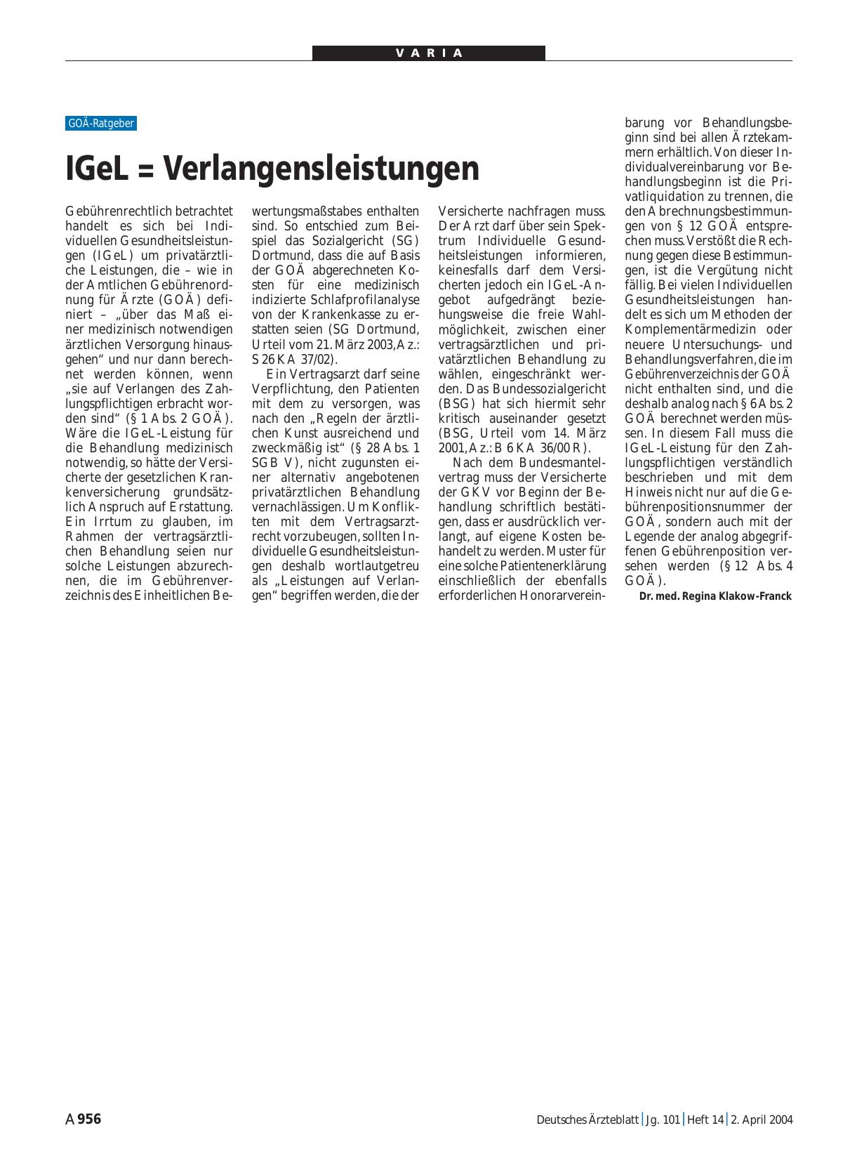 Vorschauseite 1: IGeL = Verlangensleistungen