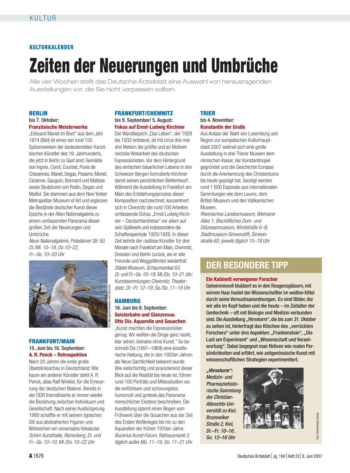 Vorschauseite 1: Kulturkalender: Zeiten der Neuerungen und Umbrüche