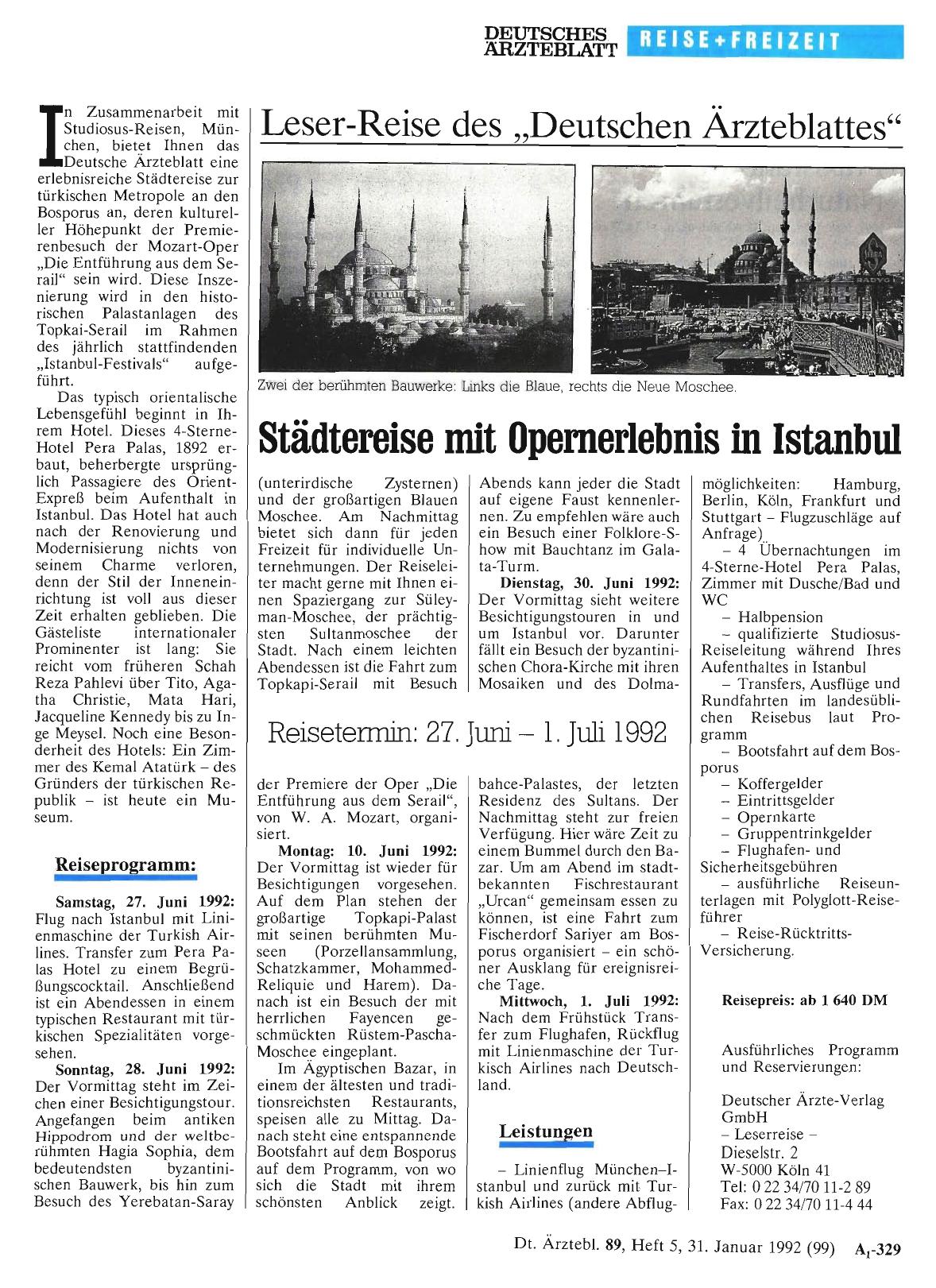 Vorschauseite 1: Leser-Reise des „Deutschen Ärzteblattes“: Städtereise mit Opernerlebnis in Istanbul
