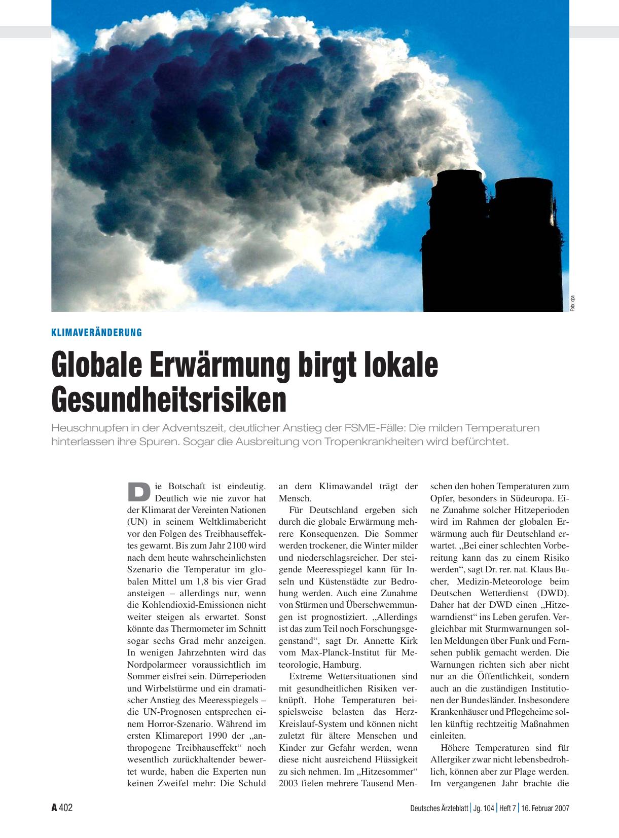 Vorschauseite 1: Klimaveränderung: Globale Erwärmung birgt lokale Gesundheitsrisiken