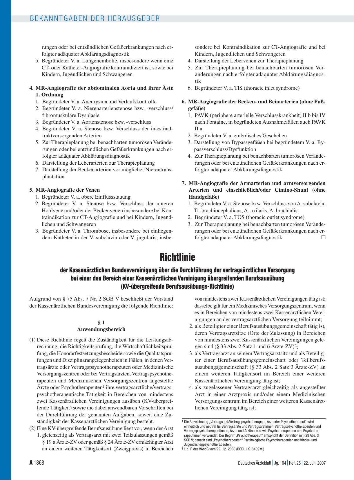 Vorschauseite 1: Richtlinie der Kassenärztlichen Bundesvereinigung über die Durchführung der vertragsärztlichen Versorgung bei einer den Bereich einer Kassenärztlichen Vereinigung übergreifenden B…
