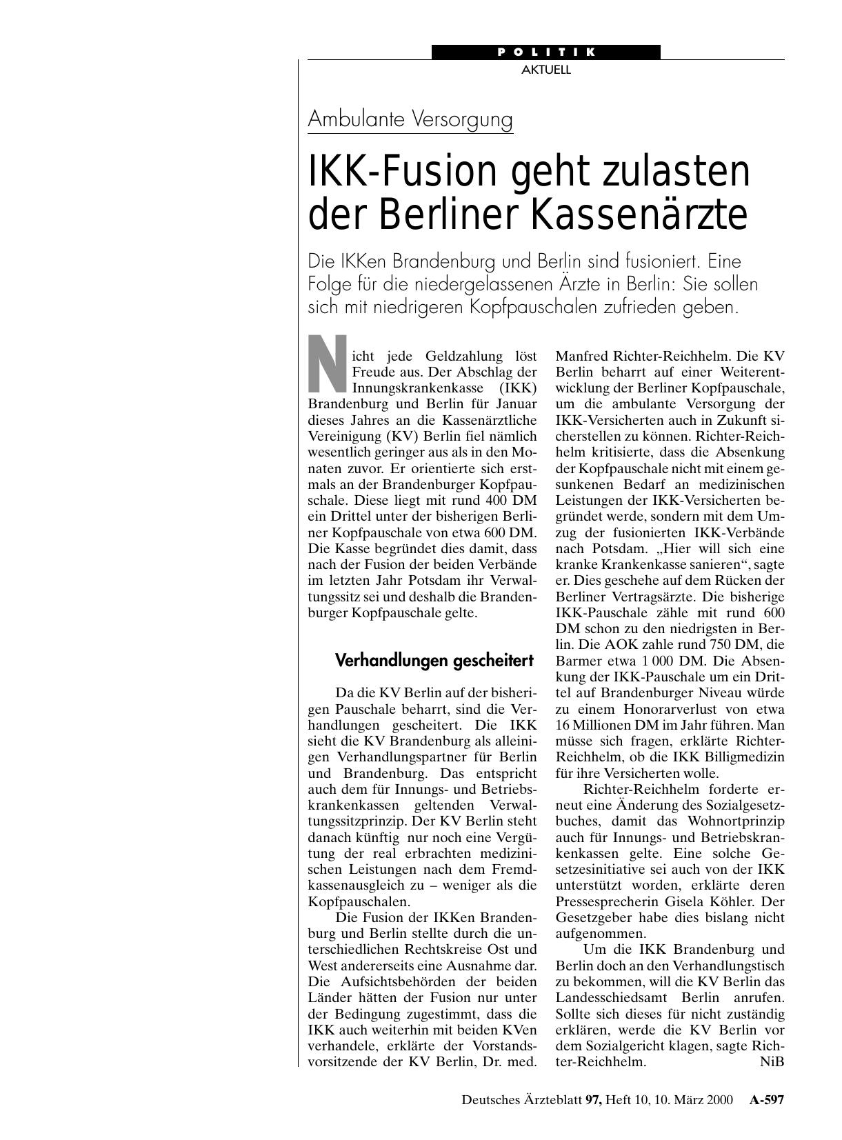Vorschauseite 1: Ambulante Versorgung: IKK-Fusion geht zulasten der Berliner Kassenärzte