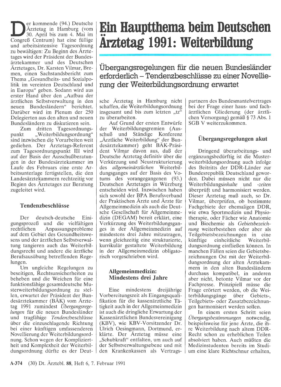 Vorschauseite 1: Ein Hauptthema beim Deutschen Ärztetag 1991: Weiterbildung