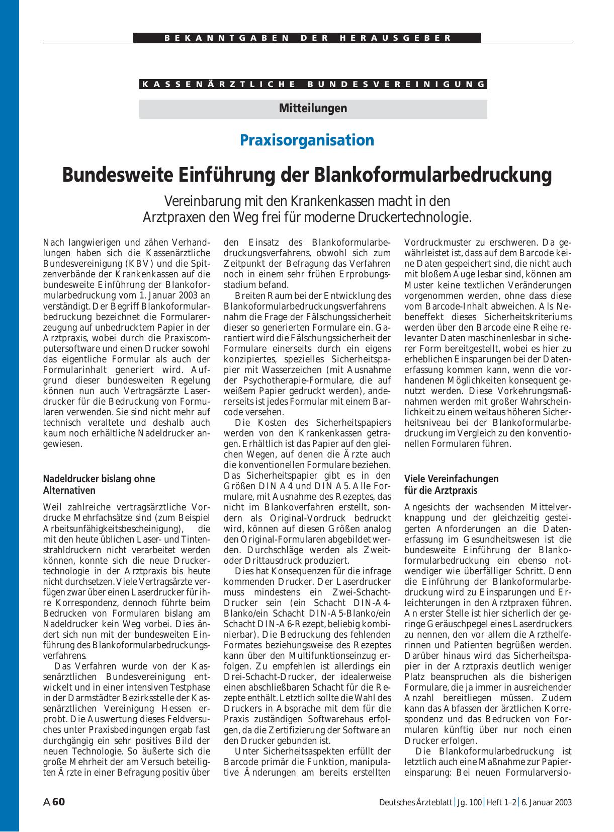 Vorschauseite 1: Mitteilungen: Bundesweite Einführung der Blankoformularbedruckung