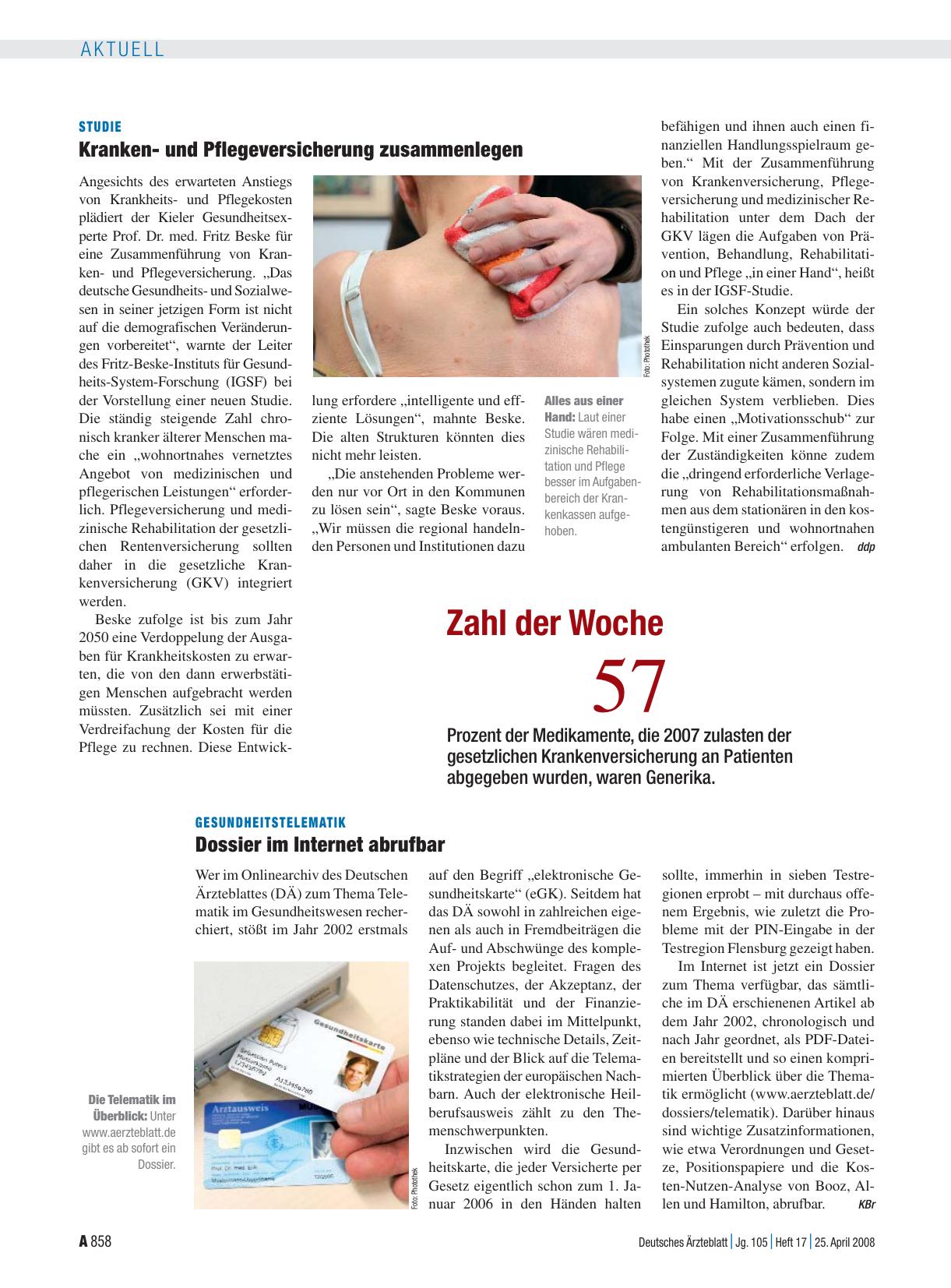 Vorschauseite 1: Studie: Krankenund Pflegeversicherung zusammenlegen